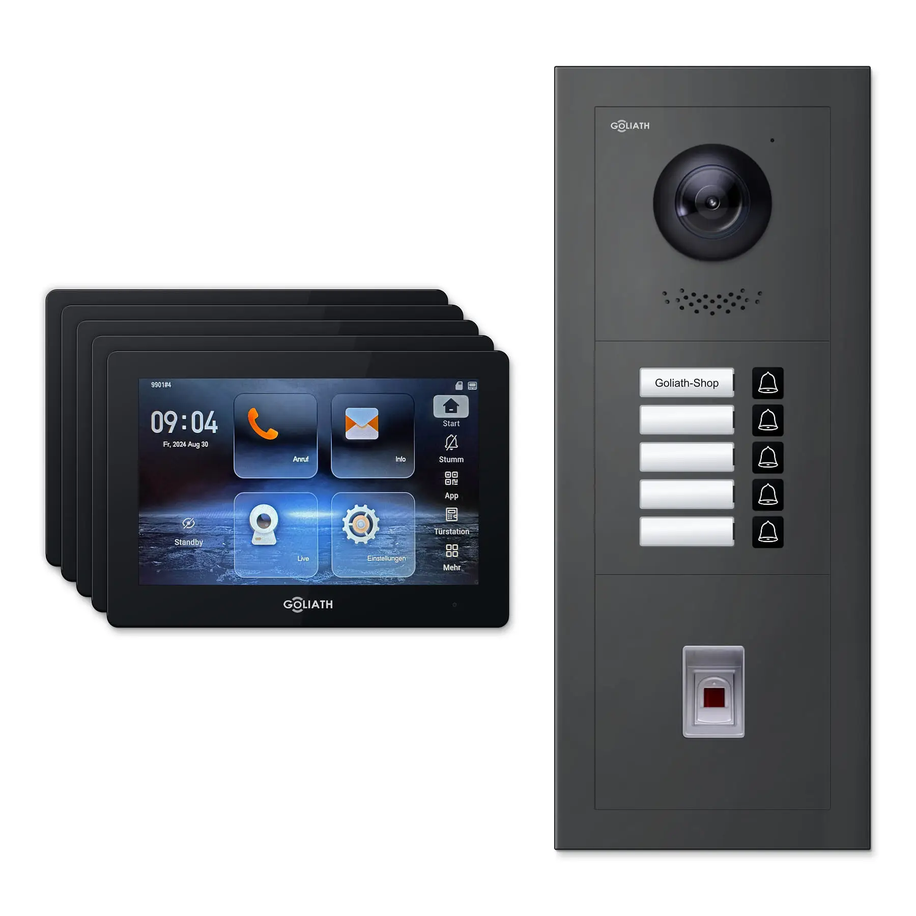 Goliath Türsprechanlage mit Kamera GL-HB530A.3 für 5-Familienhaus: 5 Monitore mit 7 Zoll in Schwarz, Außenstation in Anthrazit mit 5 Klingeltasten sowie Fingerprint. Set für Aufputzmontage.