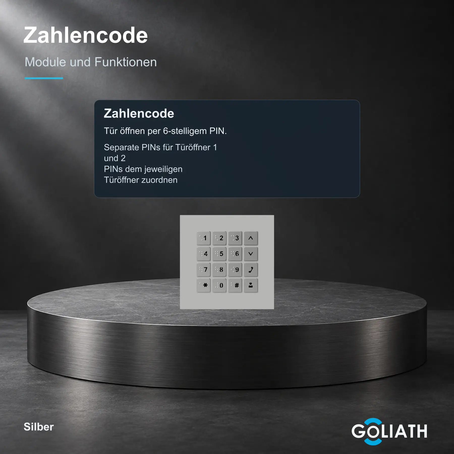 Zahlencode-Tastatur für die Goliath Türsprechanlage in Silber: Türöffnung per PIN.