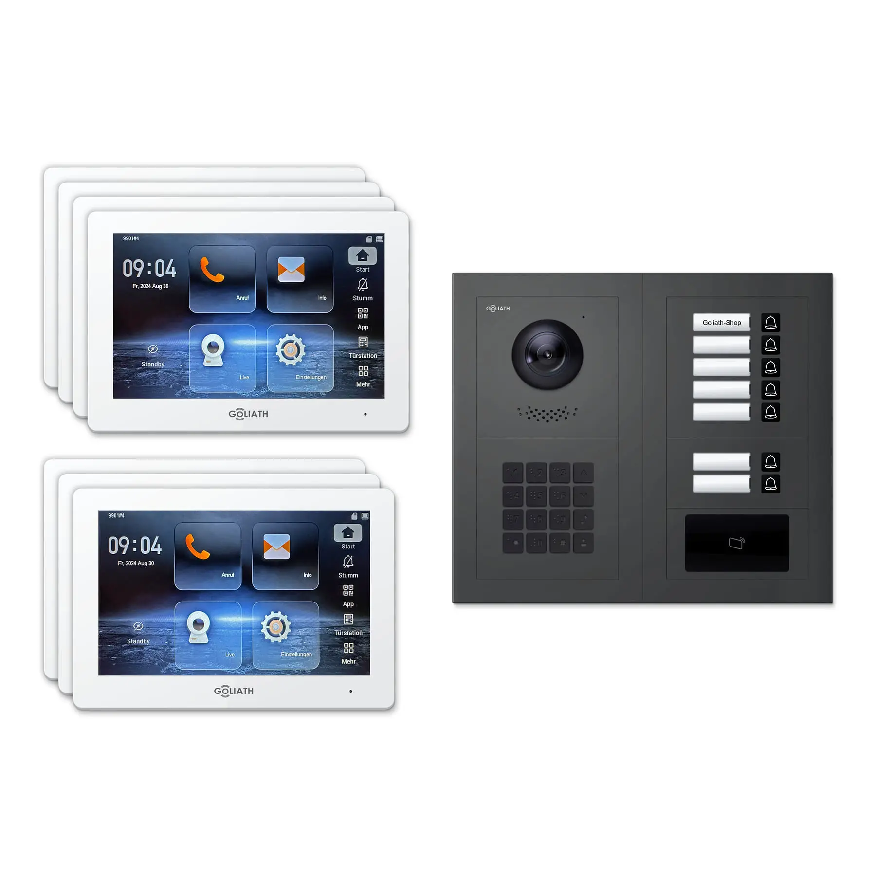 Goliath Video Türsprechanlage GL-IPH725A für 7-Familienhaus: 7 Monitore mit 7 Zoll in Weiß, Außenstation in Anthrazit mit 7 Klingeltasten sowie RFID, Zahlencode. Set für Unterputzmontage.
