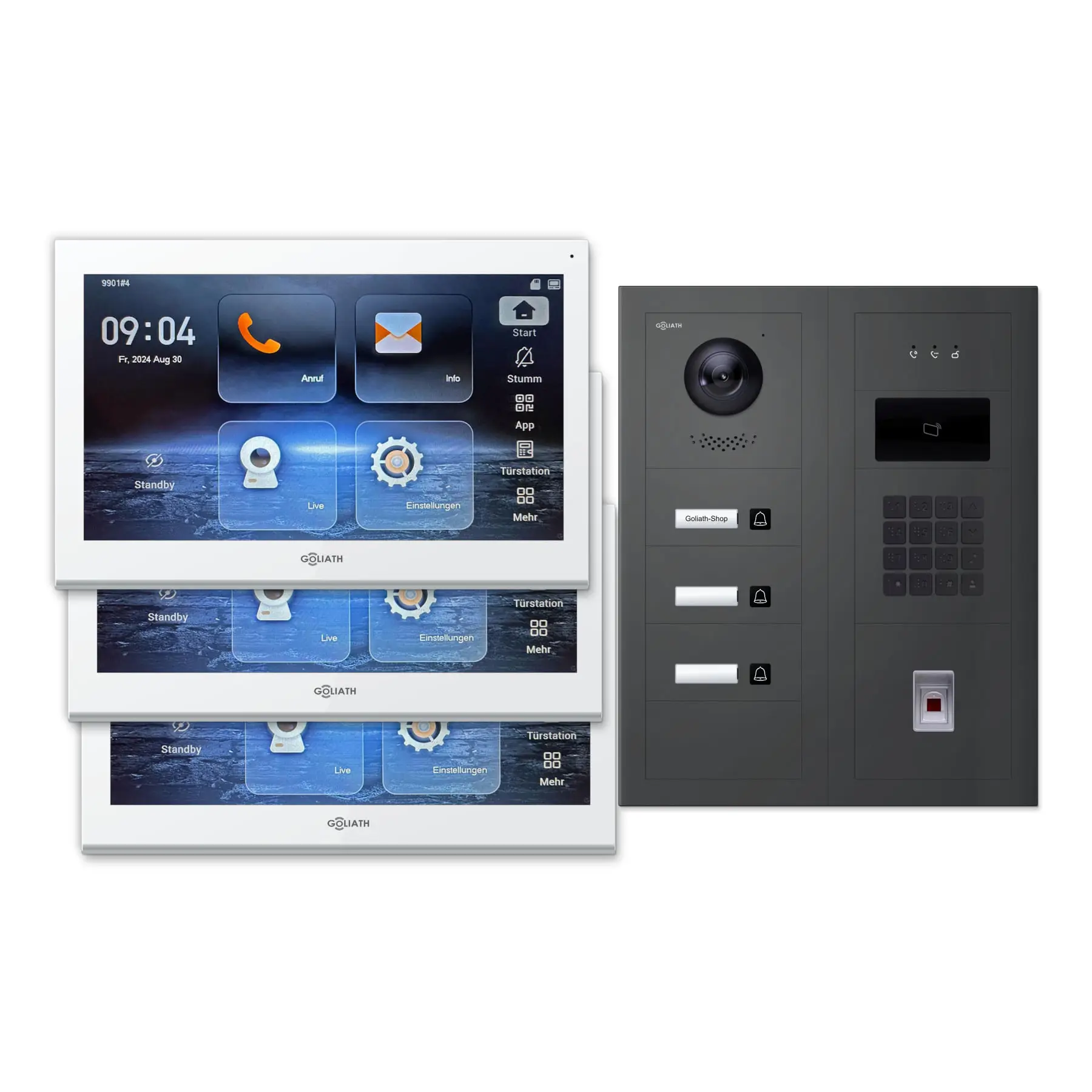Modulare Goliath Außenstation in anthrazit mit 3 Klingeltasten, Fingerprint, Zahlencode und RFID sowie Feedback-Modul und 3 10-Zoll-Innenmonitoren in Weiß.