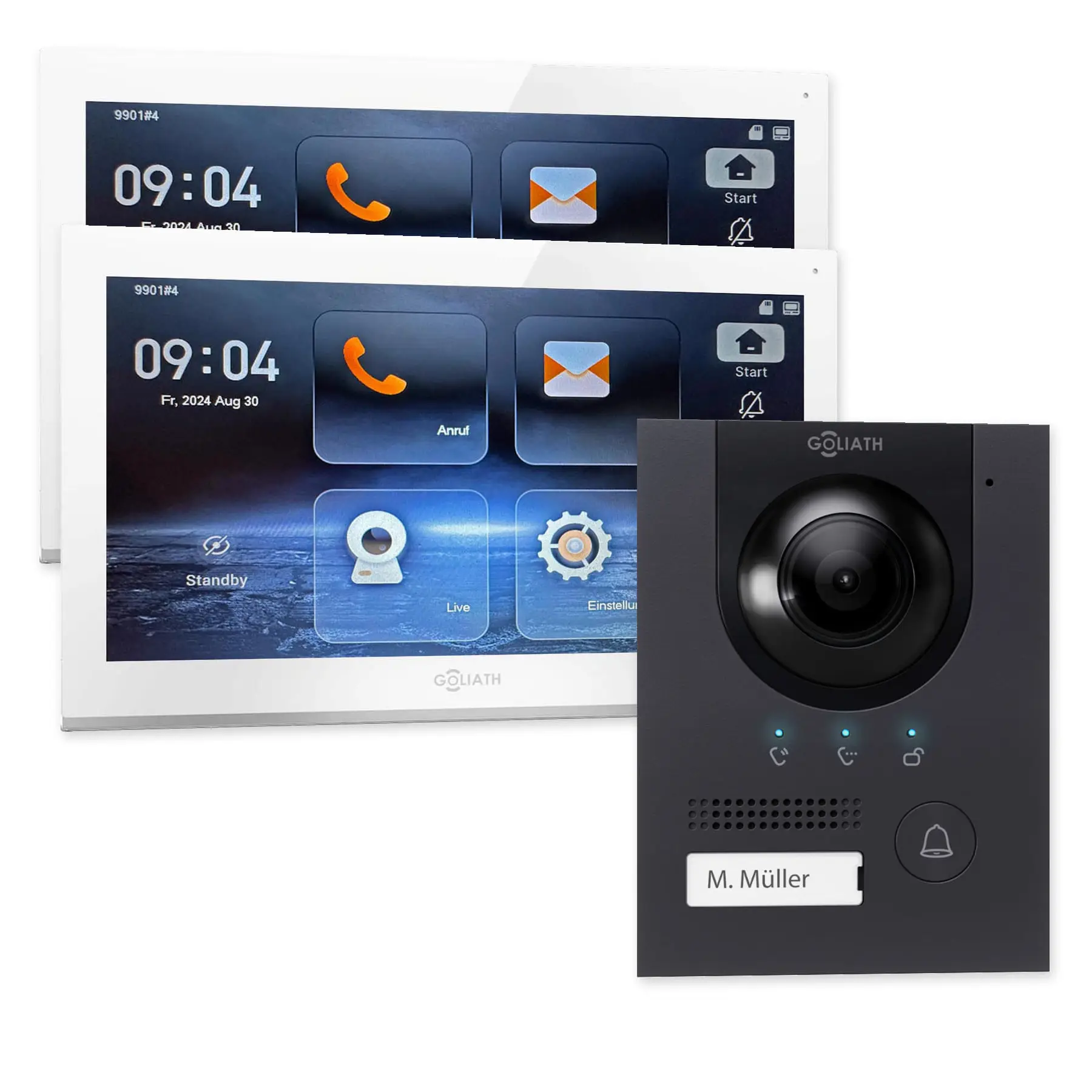 Goliath IP-Set mit einer anthrazitfarbenen Kompakt-Außenstation und 2 weißen 10-Zoll-Innenmonitoren.