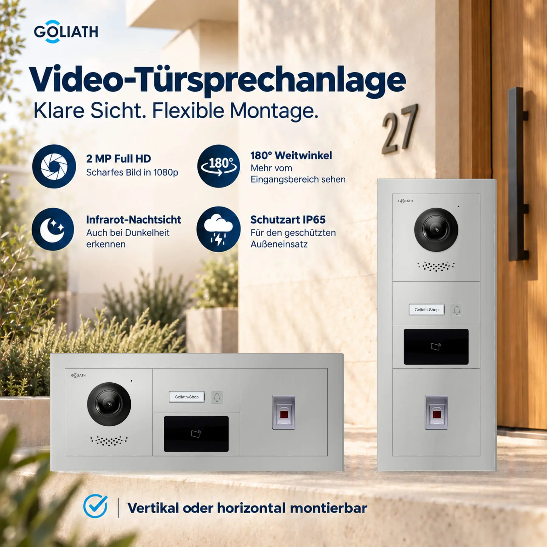 Goliath Premium-Line-Außenstation in Silber mit Kamera, 1 Klingeltaste, Fingerprint-Modul und RFID-Leser. Senkrechte und waagerechte Anordnung auf Naturstein.
