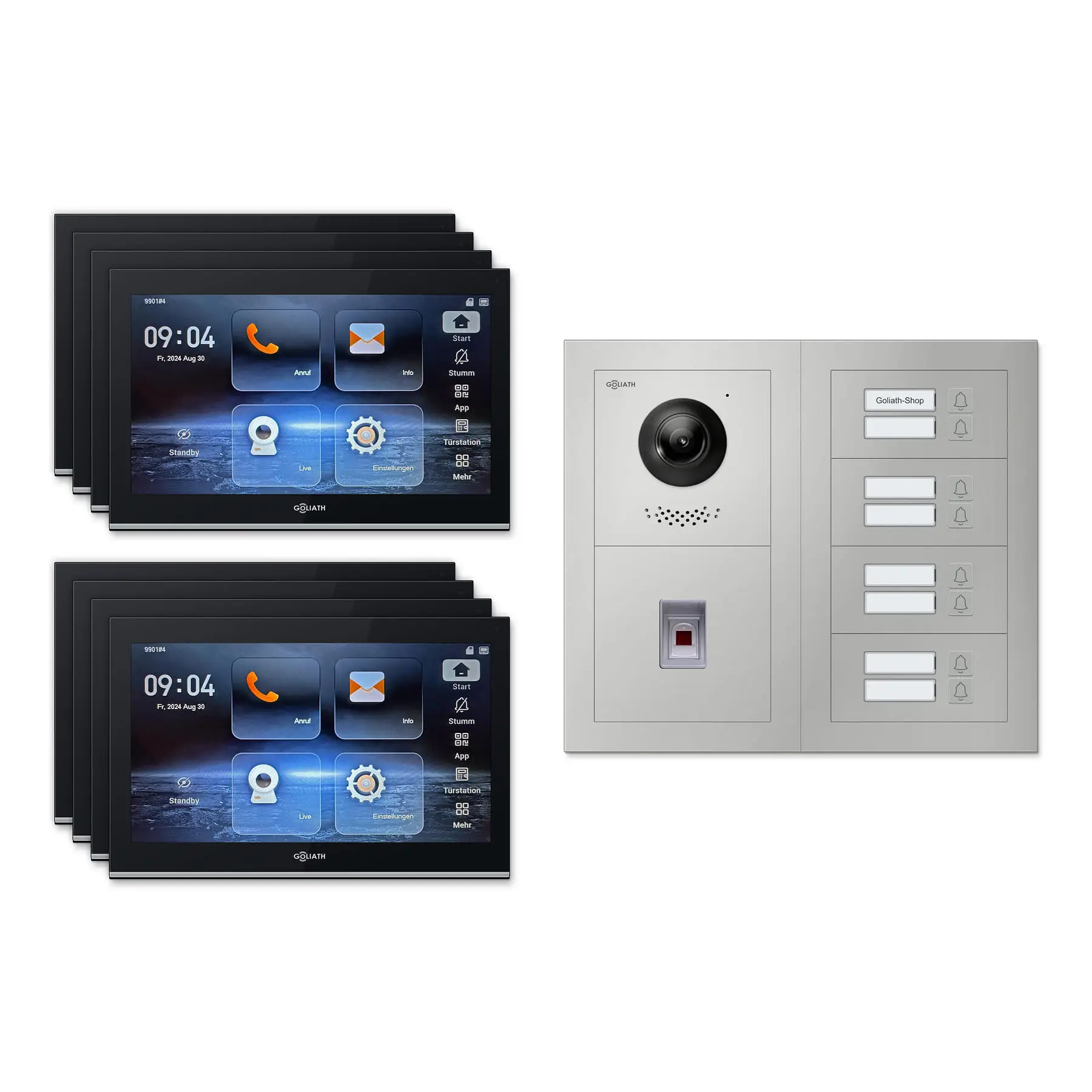 Goliath Video Türsprechanlage GL-IPH830.3 für 8-Familienhaus: 8 Monitore mit 10 Zoll in Schwarz, Außenstation in Silber mit 8 Klingeltasten sowie Fingerprint. Set für Aufputzmontage.