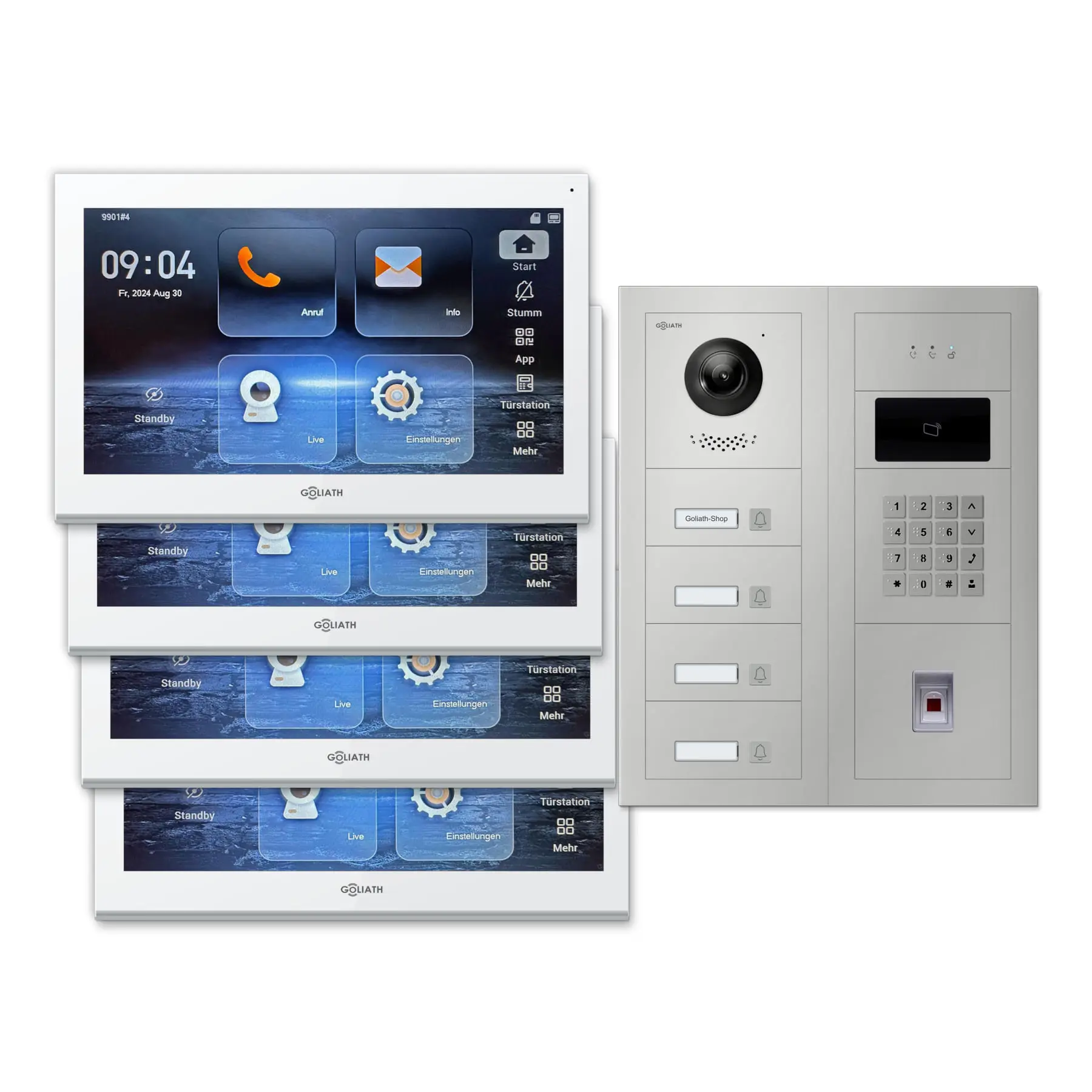 Modulare Goliath Außenstation in silber mit 4 Klingeltasten, Fingerprint, Zahlencode und RFID sowie Feedback-Modul und 4 10-Zoll-Innenmonitoren in Weiß.