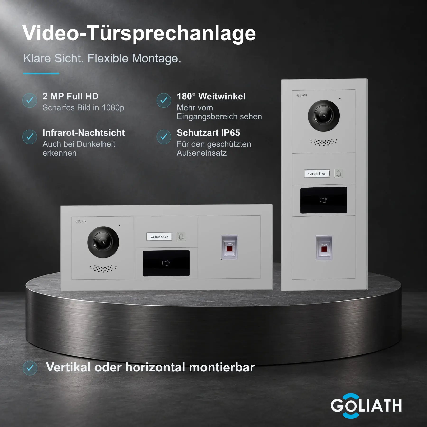 Goliath Premium-Line-Außenstation in Silber mit Kamera, 1 Klingeltaste, Fingerprint-Modul und RFID-Leser. Senkrechte und waagerechte Anordnung auf Naturstein.