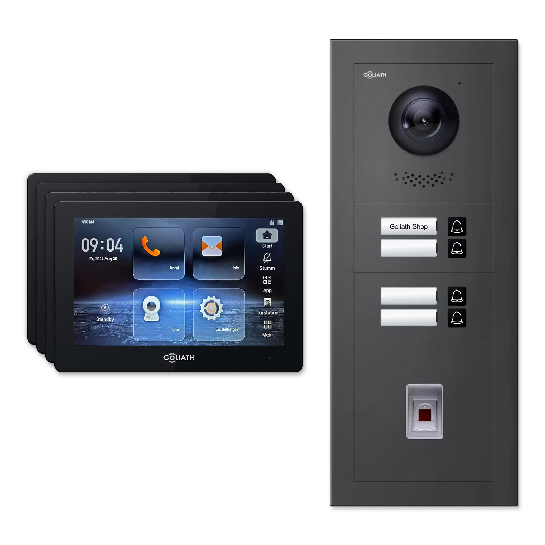 Goliath Video Türsprechanlage GL-IPH435A.2 für 4-Familienhaus: 4 Monitore mit 7 Zoll in Schwarz, Außenstation in Anthrazit mit 4 Klingeltasten sowie Fingerprint. Set für Unterputzmontage.