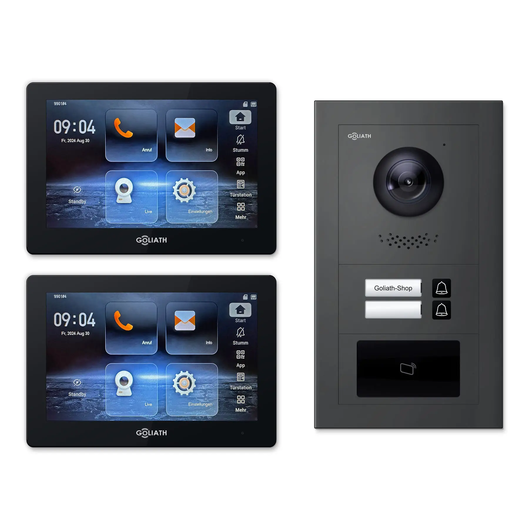 Goliath Video Türsprechanlage GL-IPH215A.4 für 2-Familienhaus: 2 Monitore mit 7 Zoll in Schwarz, Außenstation in Anthrazit mit 2 Klingeltasten sowie RFID. Set für Unterputzmontage.