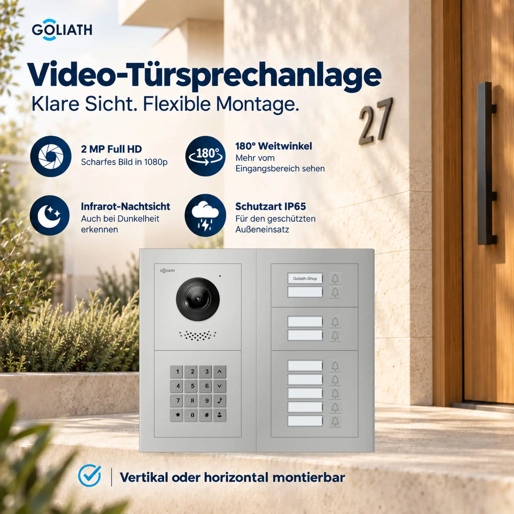 Goliath Premium-Line-Außenstation in Silber mit Kamera, 9 Klingeltasten und Zahlencode-Tastatur. Zwei aufrechte Modulspalten nebeneinander auf Naturstein.