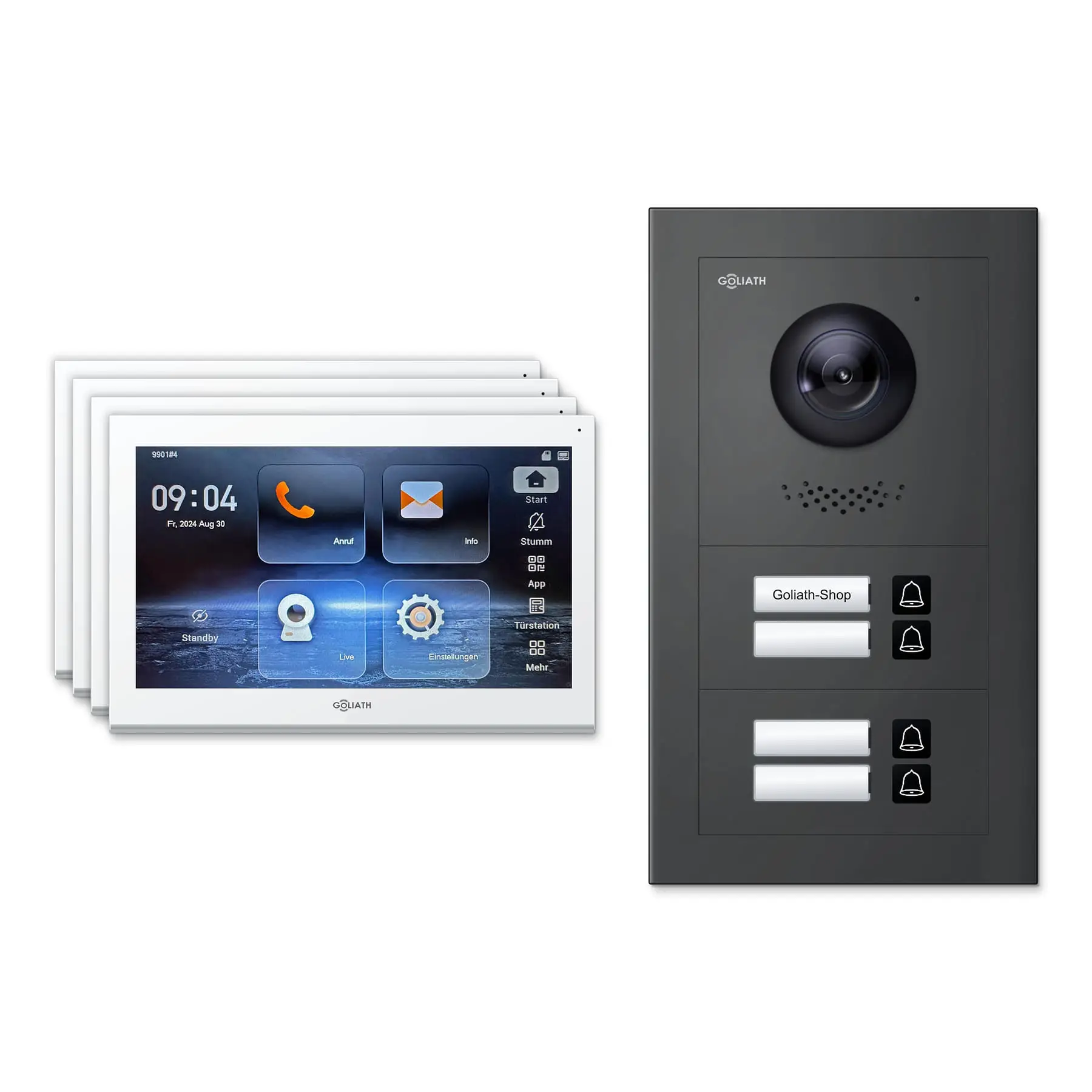 Goliath Video Türsprechanlage GL-IPH400A.1 für 4-Familienhaus: 4 Monitore mit 10 Zoll in Weiß, Außenstation in Anthrazit mit 4 Klingeltasten. Set für Aufputzmontage.