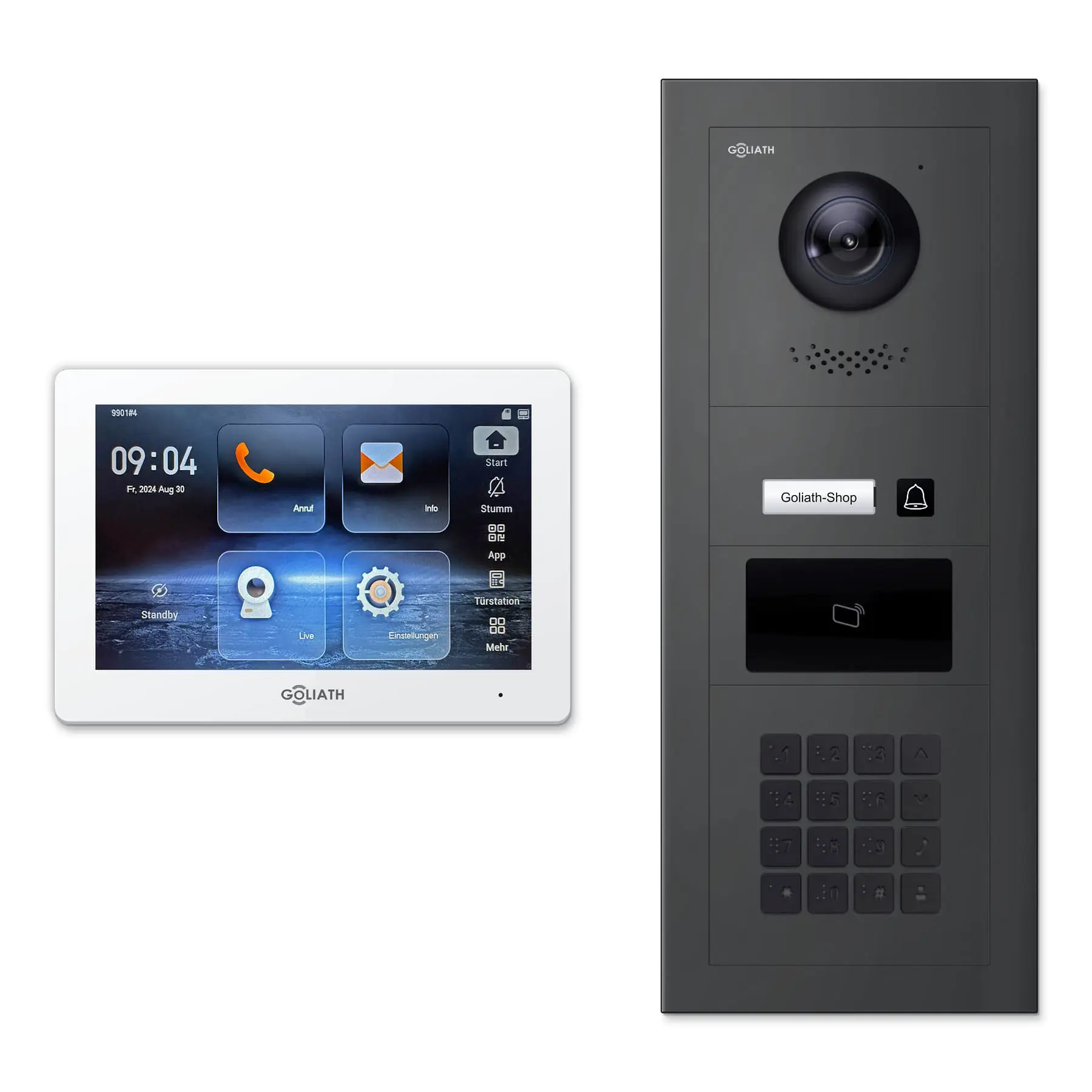 Goliath Türsprechanlage mit Kamera GL-HB150A.1 für 1-Familienhaus: 1 Monitor mit 7 Zoll in Weiß, Außenstation in Anthrazit mit 1 Klingeltaste sowie RFID, Zahlencode. Set für Aufputzmontage.