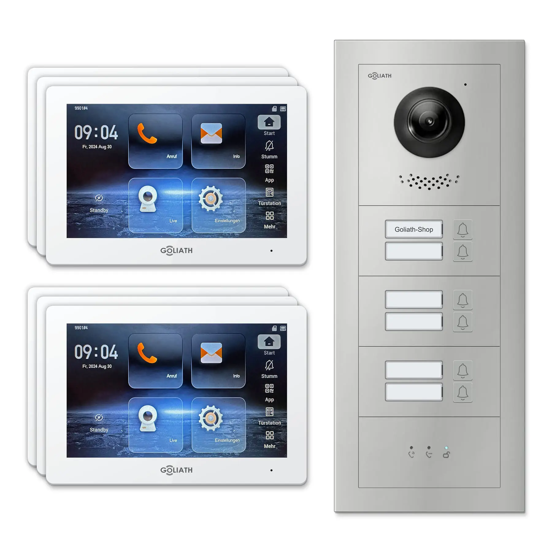 Goliath Video Türsprechanlage GL-IPH605 für 6-Familienhaus: 6 Monitore mit 7 Zoll in Weiß, Außenstation in Silber mit 6 Klingeltasten sowie Statusanzeige. Set für Unterputzmontage.