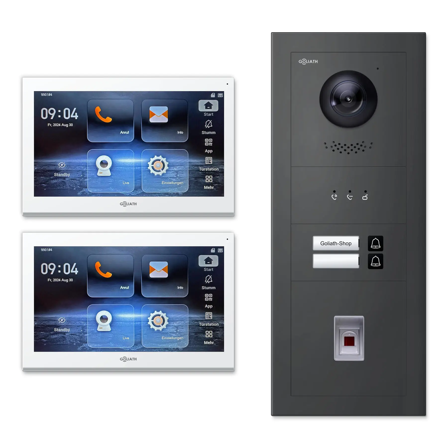 Goliath Video Türsprechanlage GL-IPH230A für 2-Familienhaus: 2 Monitore mit 10 Zoll in Weiß, Außenstation in Anthrazit mit 2 Klingeltasten sowie Statusanzeige, Fingerprint. Set für Unterputzmontage.
