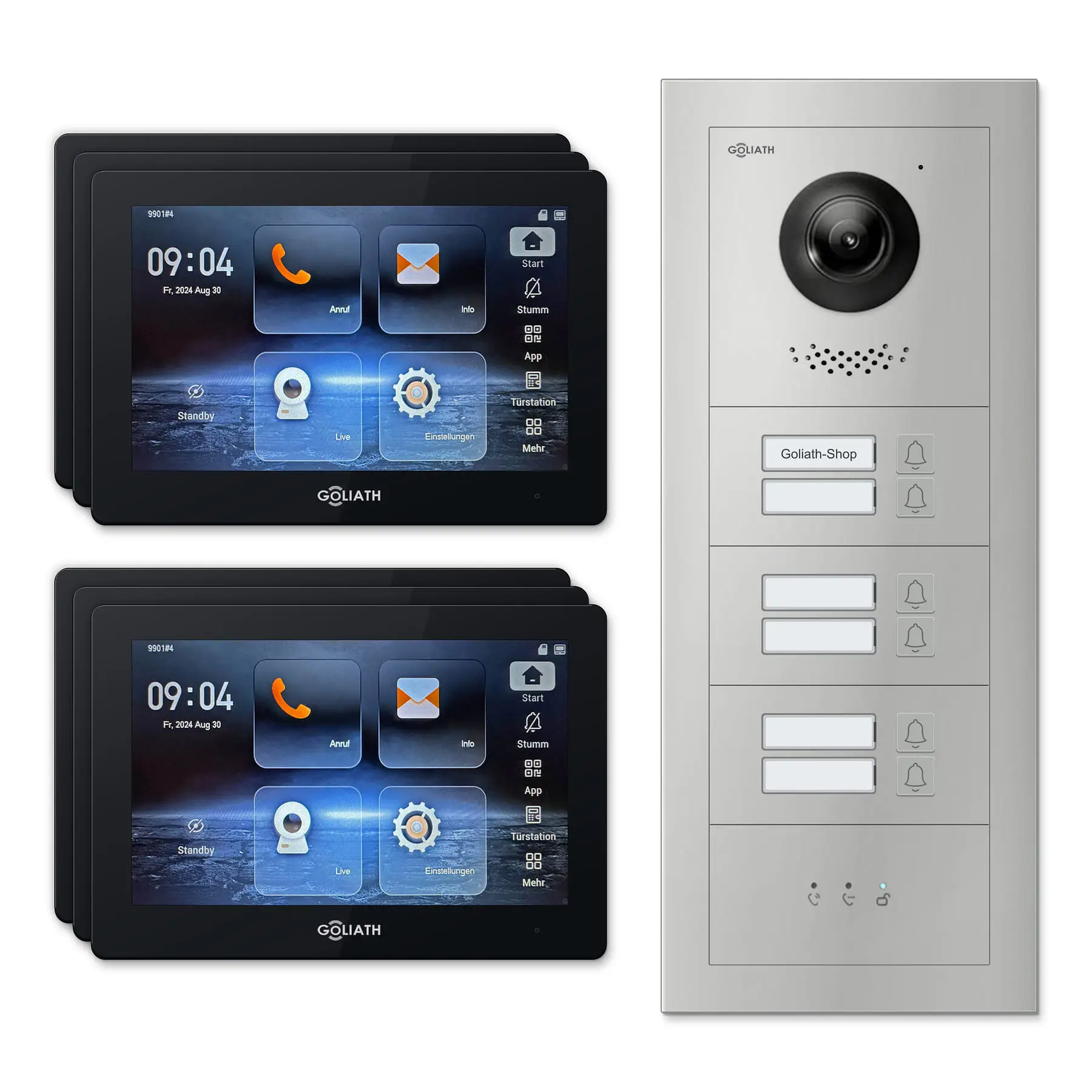 Goliath Türsprechanlage mit Kamera GL-HB600.3 für 6-Familienhaus: 6 Monitore mit 7 Zoll in Schwarz, Außenstation in Silber mit 6 Klingeltasten sowie Statusanzeige. Set für Aufputzmontage.