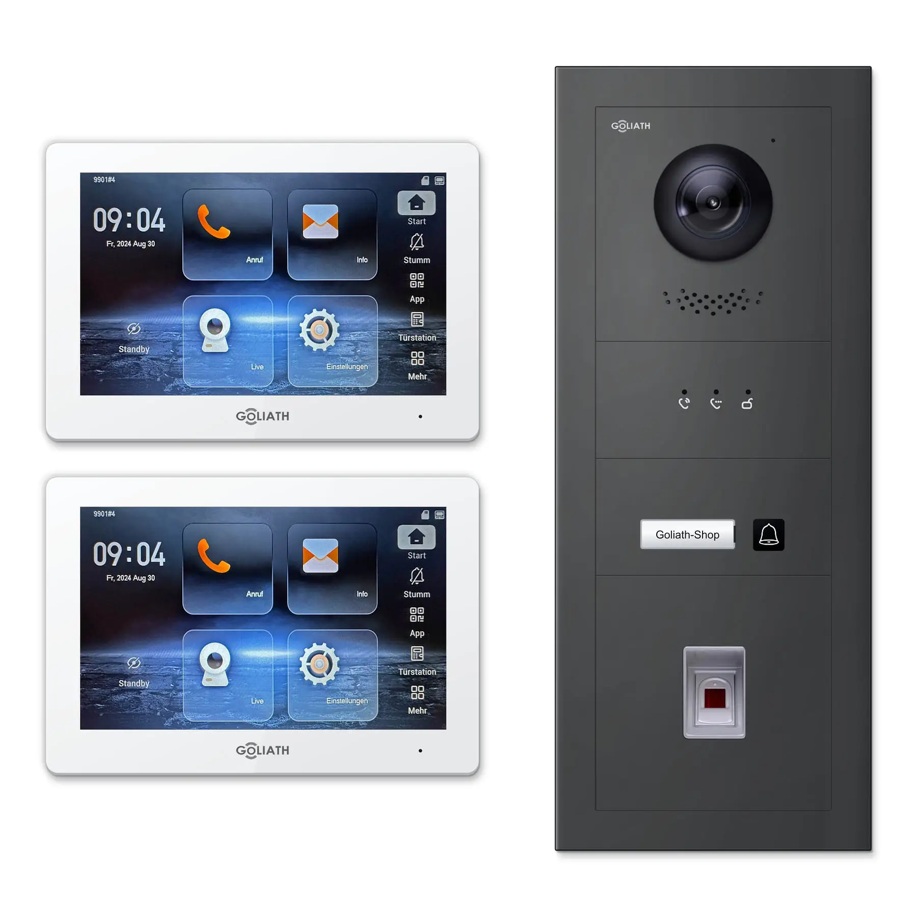 Goliath Video Türsprechanlage GL-IPH136A für 1-Familienhaus: 2 Monitore mit 7 Zoll in Weiß, Außenstation in Anthrazit mit 1 Klingeltaste sowie Statusanzeige, Fingerprint. Set für Unterputzmontage.