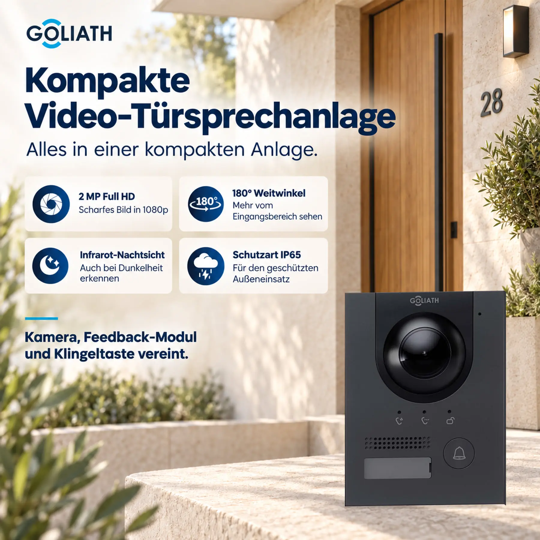 Goliath Kompakt-Line-Außenstation in Anthrazit mit einer Klingeltaste, 2-MP-Kamera, 180°-Weitwinkel, Infrarot-Nachtsicht und integrierter Feedback-Anzeige.
