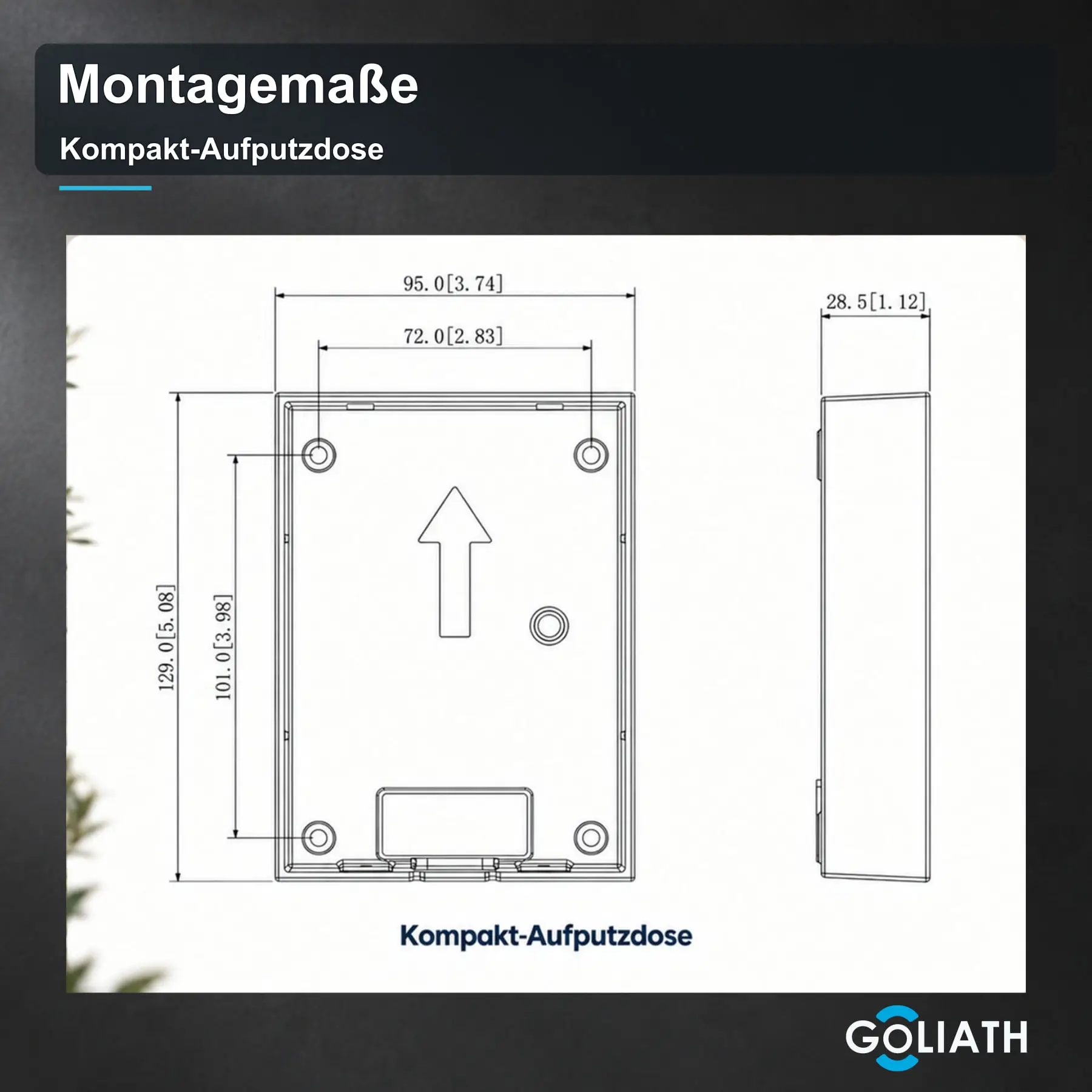 Maßzeichnung der Kompakt-Line-Aufputzdose: 95 × 129 × 28,5 mm, Befestigungsabstände 72 × 101 mm.