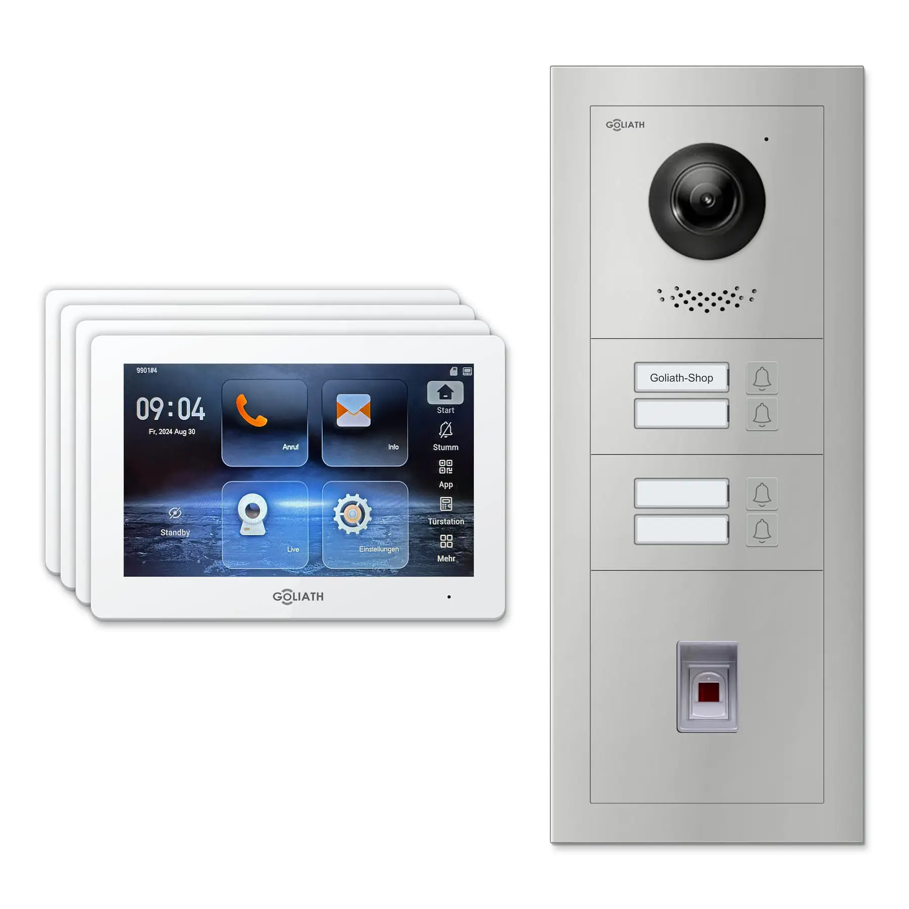 Goliath Türsprechanlage mit Kamera GL-HB430.1 für 4-Familienhaus: 4 Monitore mit 7 Zoll in Weiß, Außenstation in Silber mit 4 Klingeltasten sowie Fingerprint. Set für Aufputzmontage.