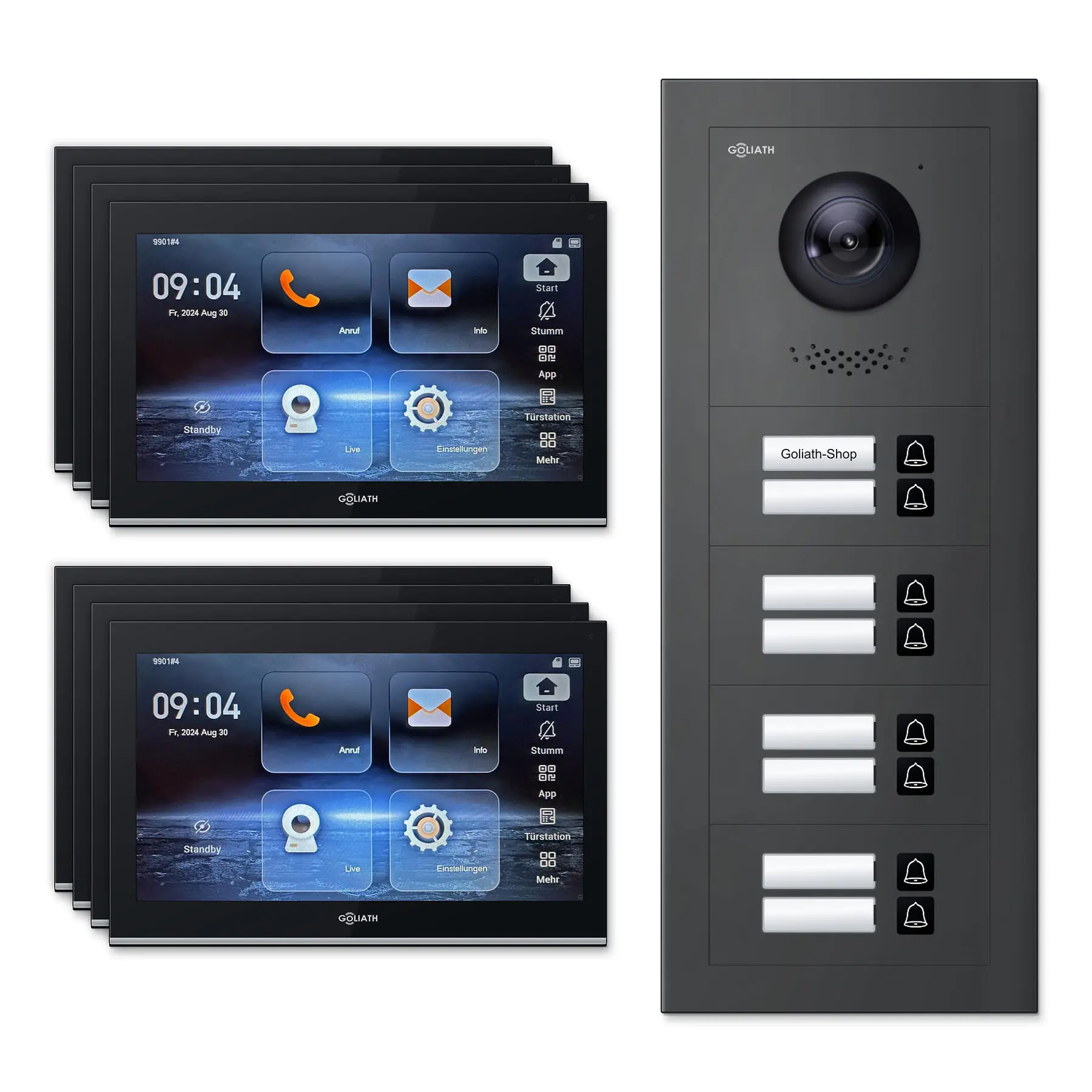 Goliath Video Türsprechanlage GL-IPH800A.3 für 8-Familienhaus: 8 Monitore mit 10 Zoll in Schwarz, Außenstation in Anthrazit mit 8 Klingeltasten. Set für Aufputzmontage.