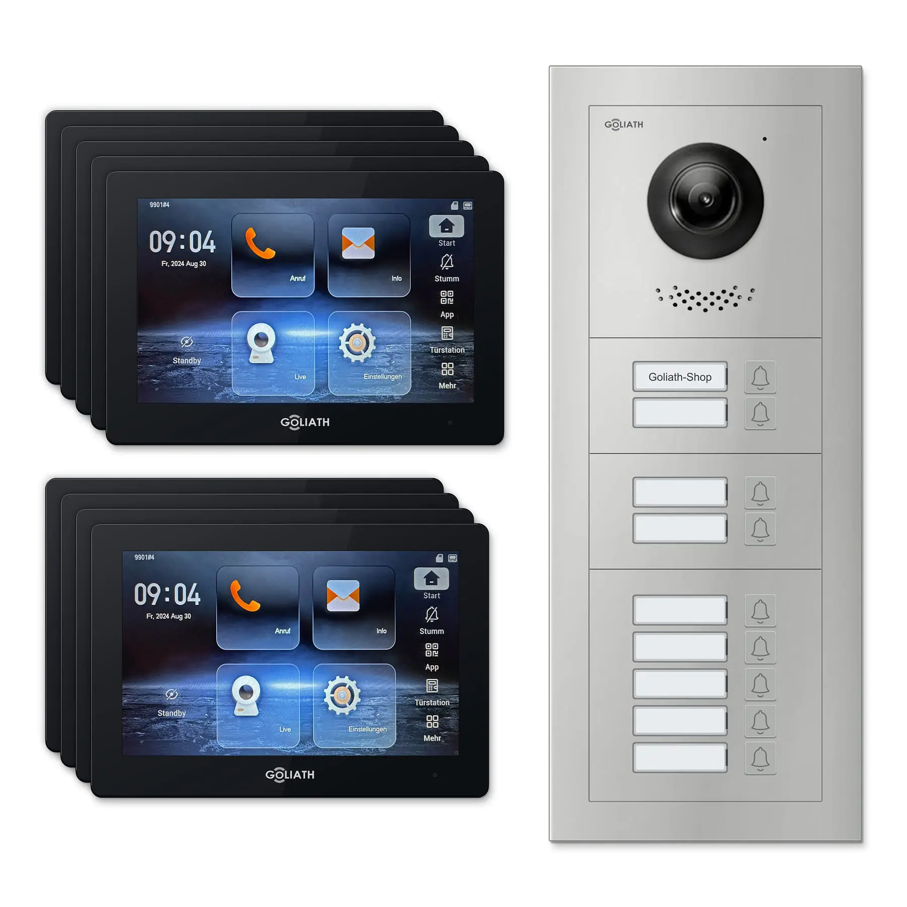 Goliath Türsprechanlage mit Kamera GL-HB900.3 für 9-Familienhaus: 9 Monitore mit 7 Zoll in Schwarz, Außenstation in Silber mit 9 Klingeltasten. Set für Aufputzmontage.