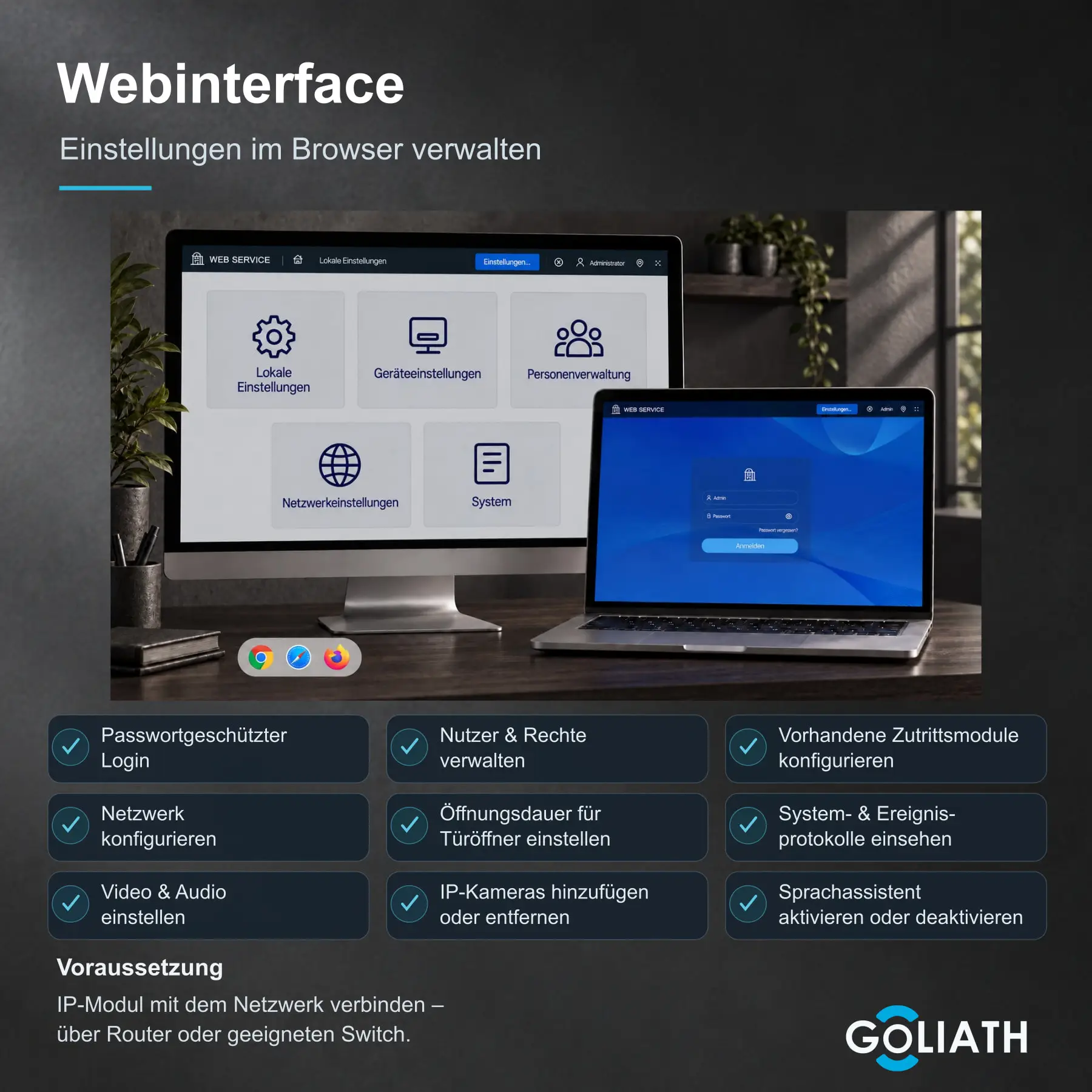 Webinterface auf Computer und Laptop für Nutzerverwaltung, Netzwerk, Bild und Ton, Türöffner und vorhandene Zutrittsmodule. Voraussetzung: IP-Modul im Netzwerk.