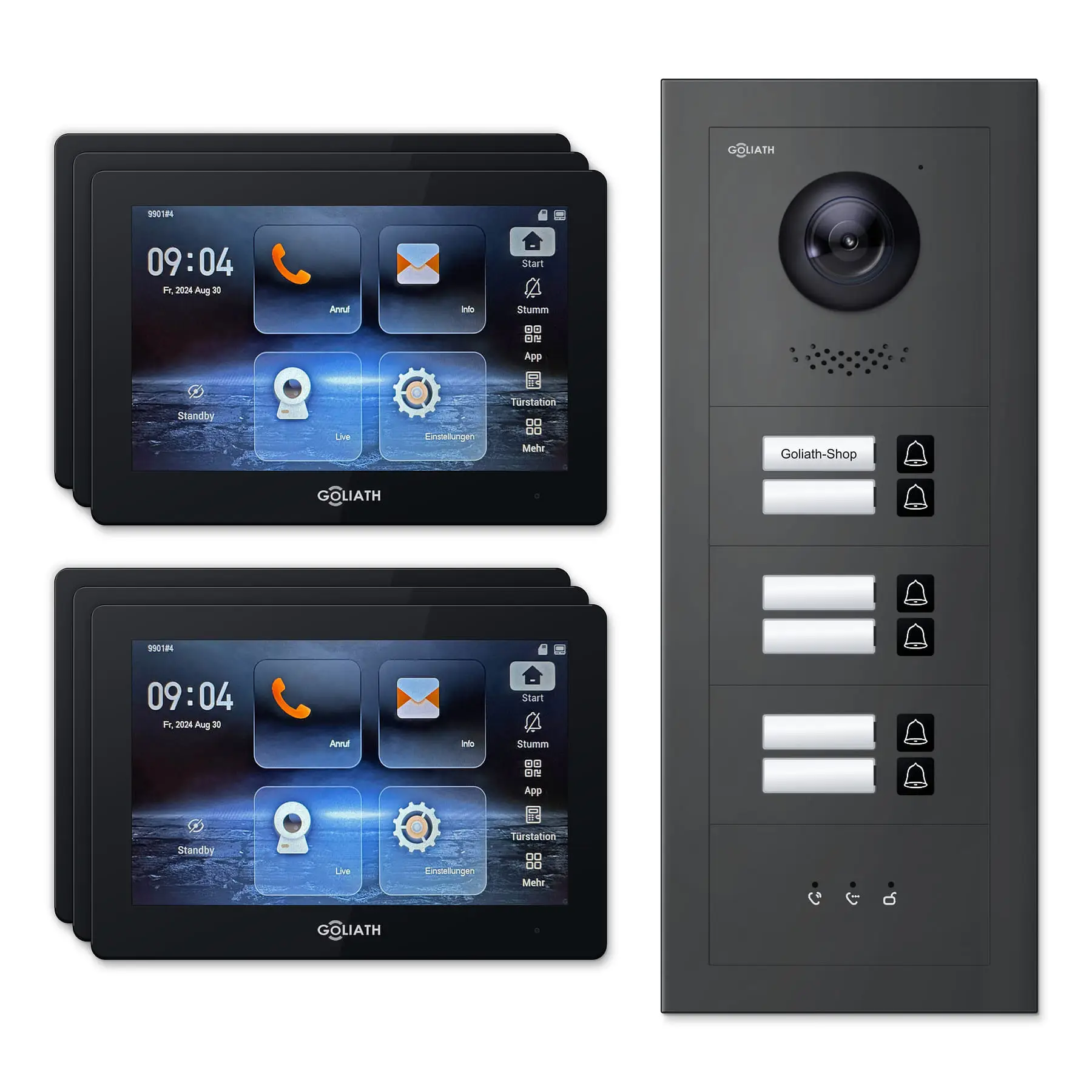 Goliath Video Türsprechanlage GL-IPH605A.3 für 6-Familienhaus: 6 Monitore mit 7 Zoll in Schwarz, Außenstation in Anthrazit mit 6 Klingeltasten sowie Statusanzeige. Set für Aufputzmontage.