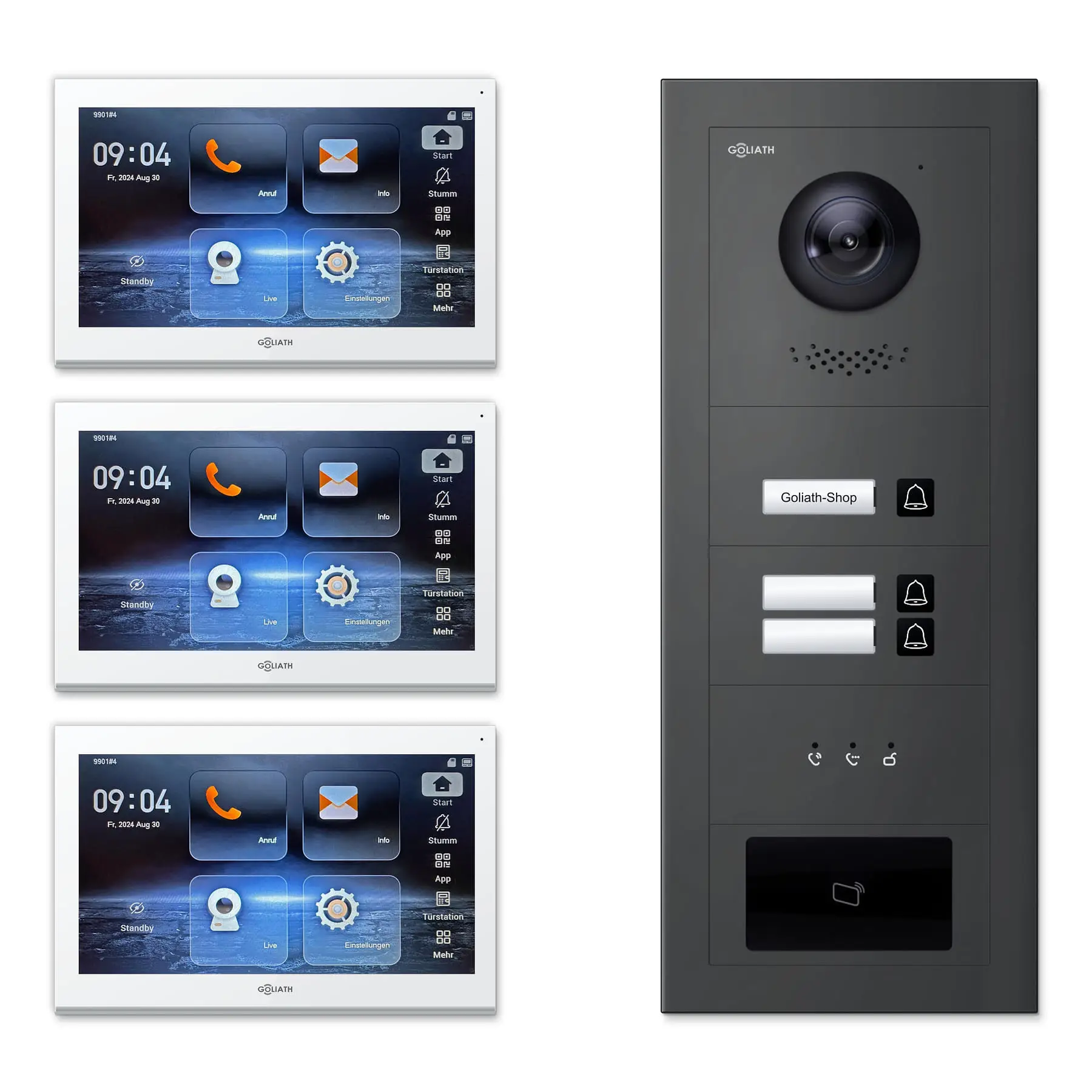 Goliath Video Türsprechanlage GL-IPH310A für 3-Familienhaus: 3 Monitore mit 10 Zoll in Weiß, Außenstation in Anthrazit mit 3 Klingeltasten sowie Statusanzeige, RFID. Set für Unterputzmontage.