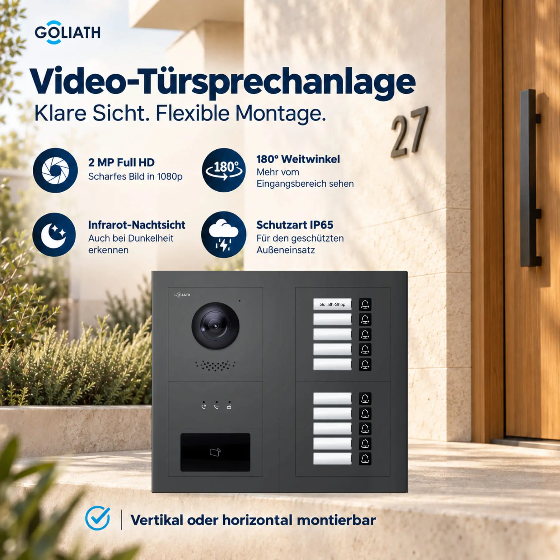 Goliath Premium-Line-Außenstation in Anthrazit mit Kamera, 10 Klingeltasten, RFID-Leser und Feedback-Anzeige. Zwei aufrechte Modulspalten nebeneinander auf Naturstein.