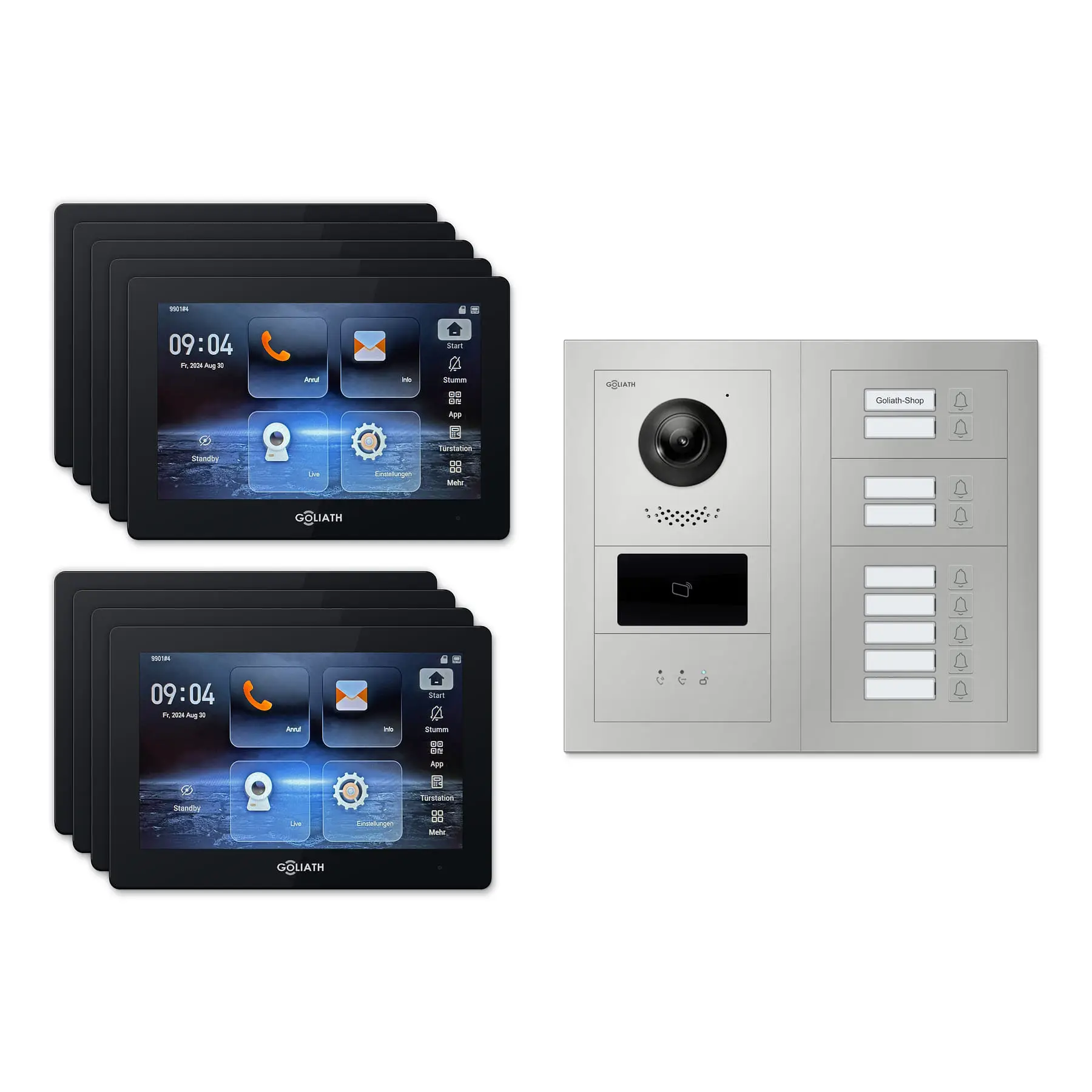 Goliath Video Türsprechanlage GL-IPH915.3 für 9-Familienhaus: 9 Monitore mit 7 Zoll in Schwarz, Außenstation in Silber mit 9 Klingeltasten sowie Statusanzeige, RFID. Set für Aufputzmontage.