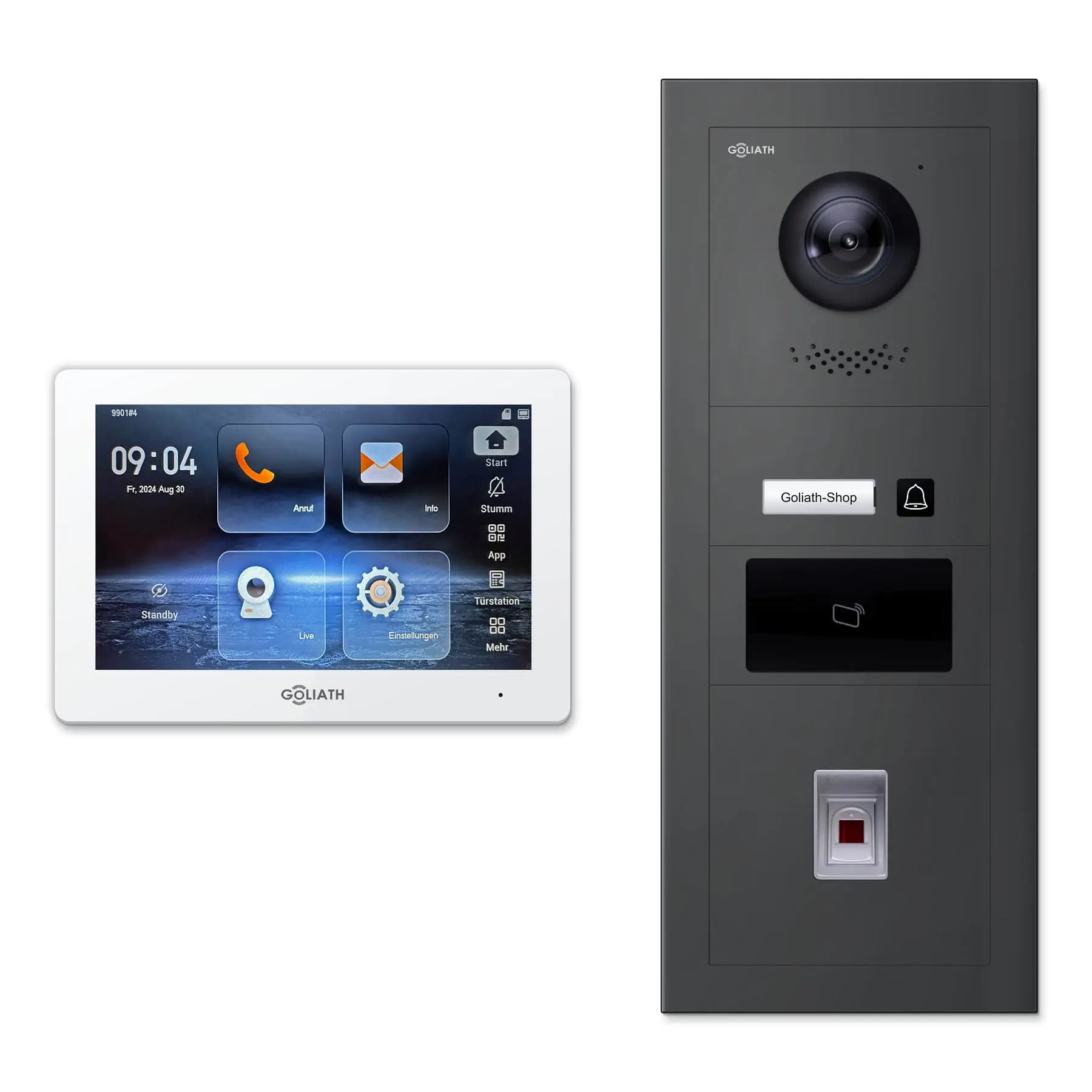 Goliath Video Türsprechanlage GL-IPH145A für 1-Familienhaus: 1 Monitor mit 7 Zoll in Weiß, Außenstation in Anthrazit mit 1 Klingeltaste sowie RFID, Fingerprint. Set für Unterputzmontage.