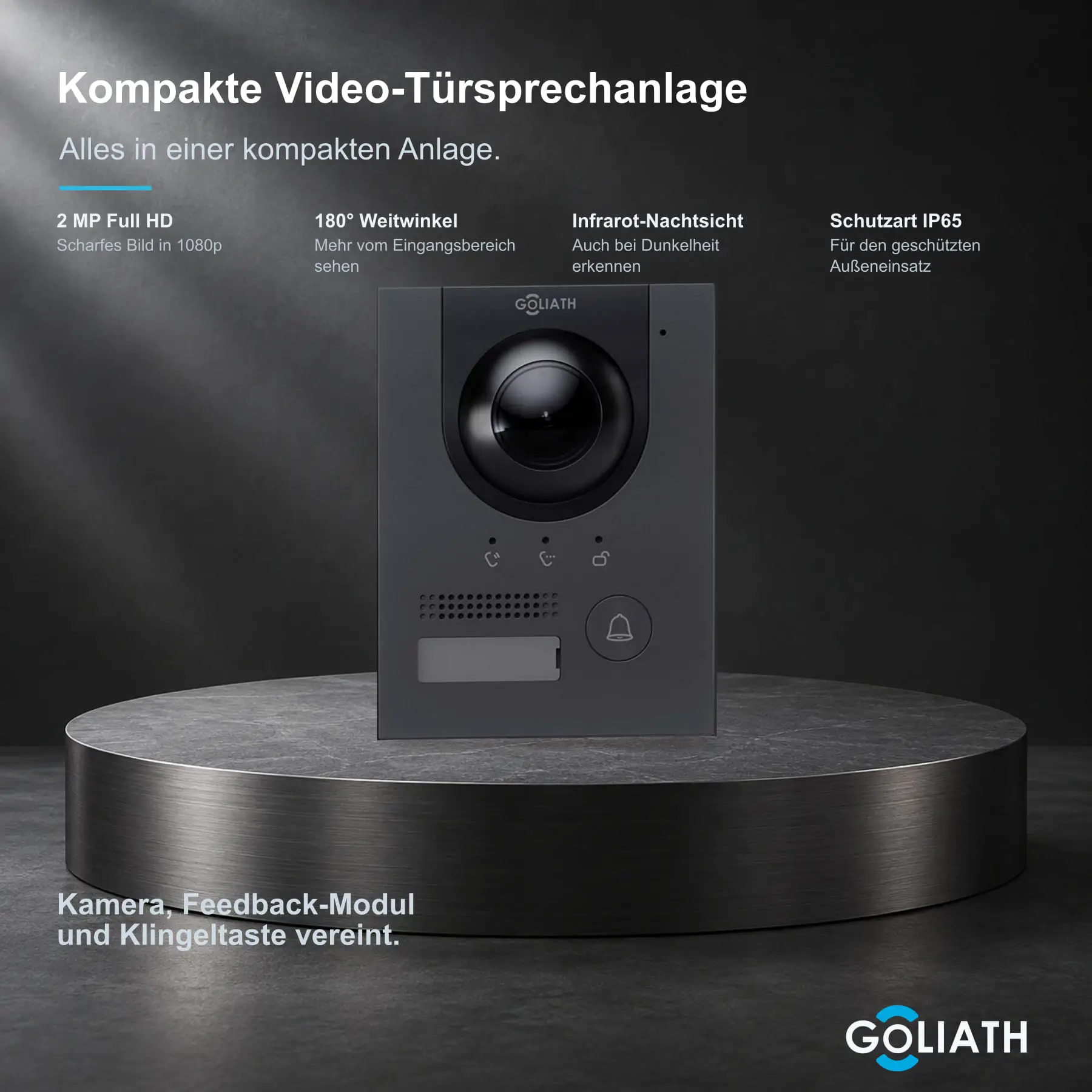 Goliath Kompakt-Line-Außenstation in Anthrazit mit einer Klingeltaste, 2-MP-Kamera, 180°-Weitwinkel, Infrarot-Nachtsicht und integrierter Feedback-Anzeige.