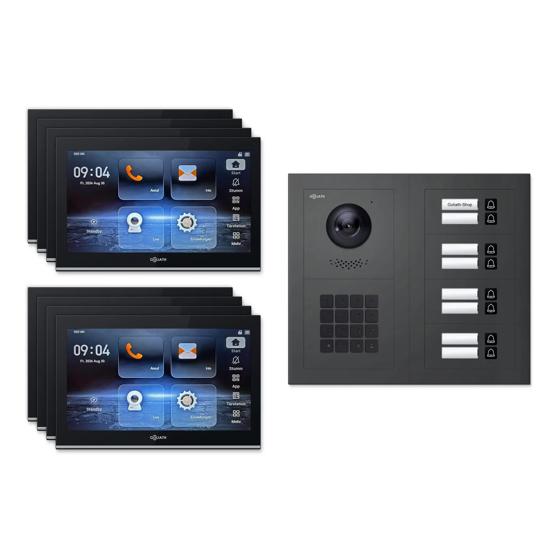 Goliath Video Türsprechanlage GL-IPH820A.3 für 8-Familienhaus: 8 Monitore mit 10 Zoll in Schwarz, Außenstation in Anthrazit mit 8 Klingeltasten sowie Zahlencode. Set für Aufputzmontage.