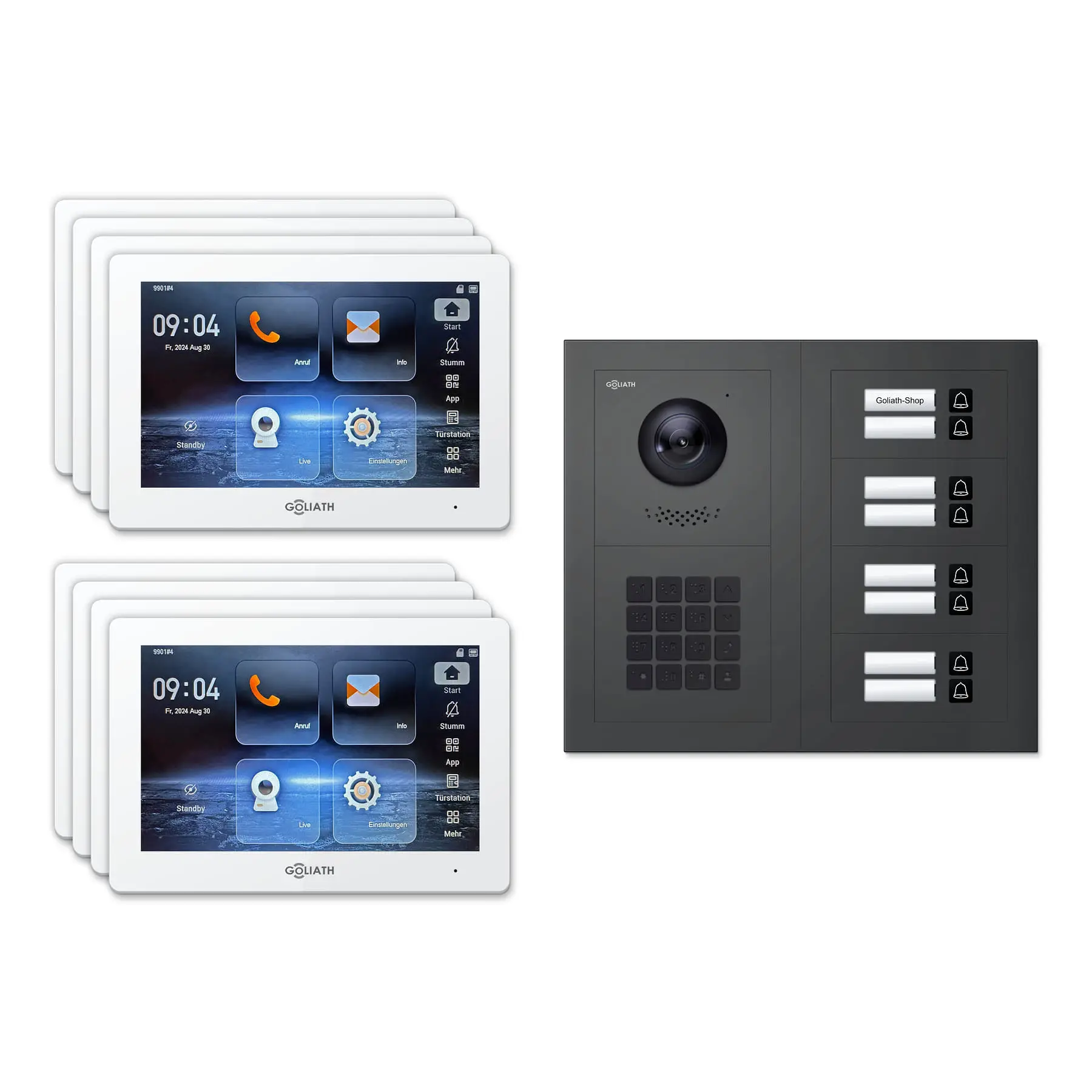 Goliath Türsprechanlage mit Kamera GL-HB820A für 8-Familienhaus: 8 Monitore mit 7 Zoll in Weiß, Außenstation in Anthrazit mit 8 Klingeltasten sowie Zahlencode. Set für Unterputzmontage.