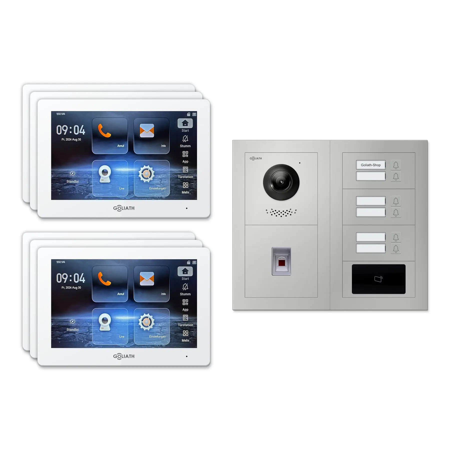 Goliath Video Türsprechanlage GL-IPH645.1 für 6-Familienhaus: 6 Monitore mit 7 Zoll in Weiß, Außenstation in Silber mit 6 Klingeltasten sowie RFID, Fingerprint. Set für Aufputzmontage.