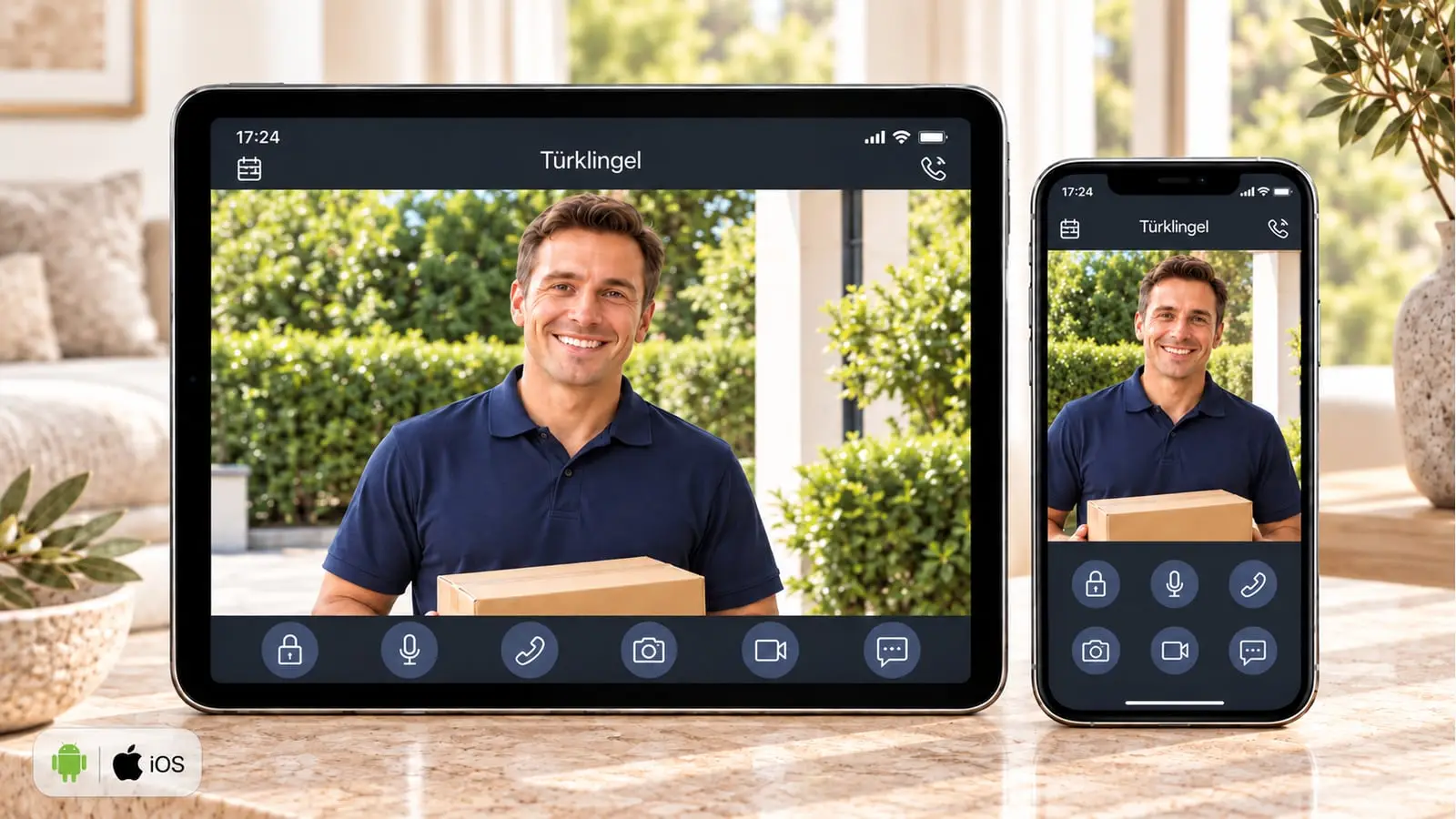 Tablet und Smartphone mit Besucherbild in der DMSS-App und Logos f&uuml;r Android und iOS