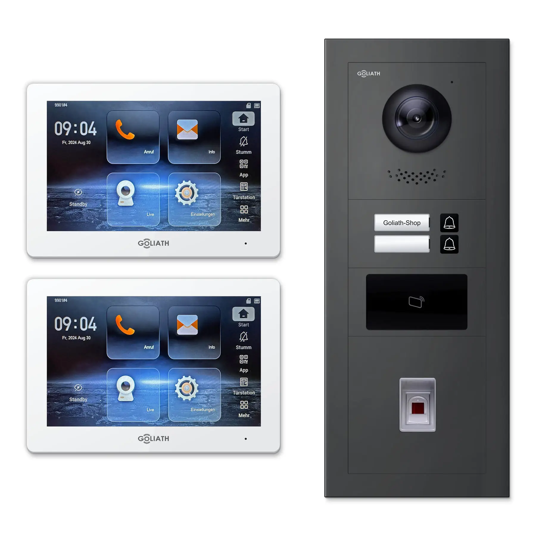 Goliath Türsprechanlage mit Kamera GL-HB240A für 2-Familienhaus: 2 Monitore mit 7 Zoll in Weiß, Außenstation in Anthrazit mit 2 Klingeltasten sowie RFID, Fingerprint. Set für Unterputzmontage.