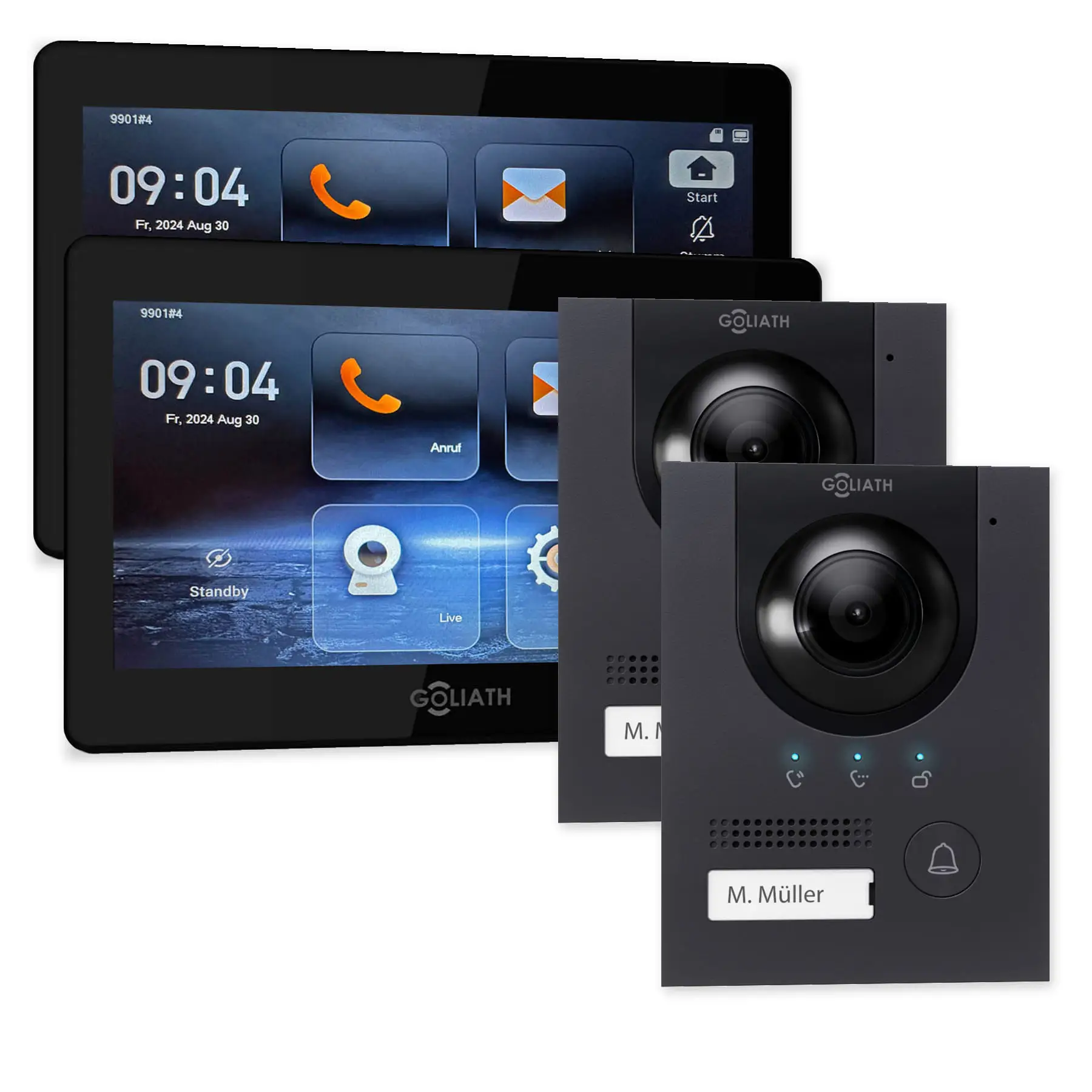 Goliath IP-Set mit zwei anthrazitfarbenen Kompakt-Außenstationen und 2 schwarzen 7-Zoll-Innenmonitoren.