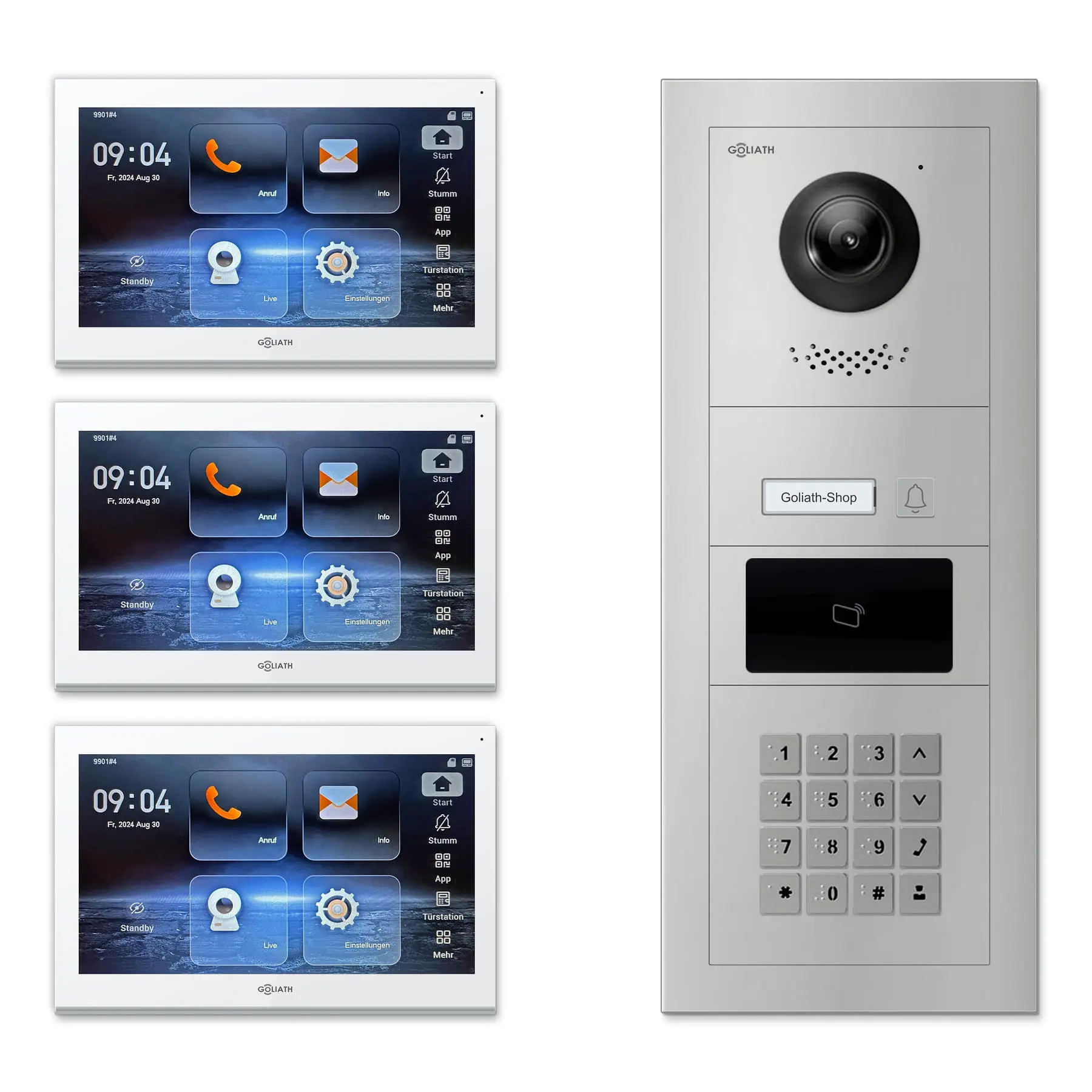 Goliath Video Türsprechanlage GL-IPH152.2 für 1-Familienhaus: 3 Monitore mit 10 Zoll in Weiß, Außenstation in Silber mit 1 Klingeltaste sowie RFID, Zahlencode. Set für Aufputzmontage.