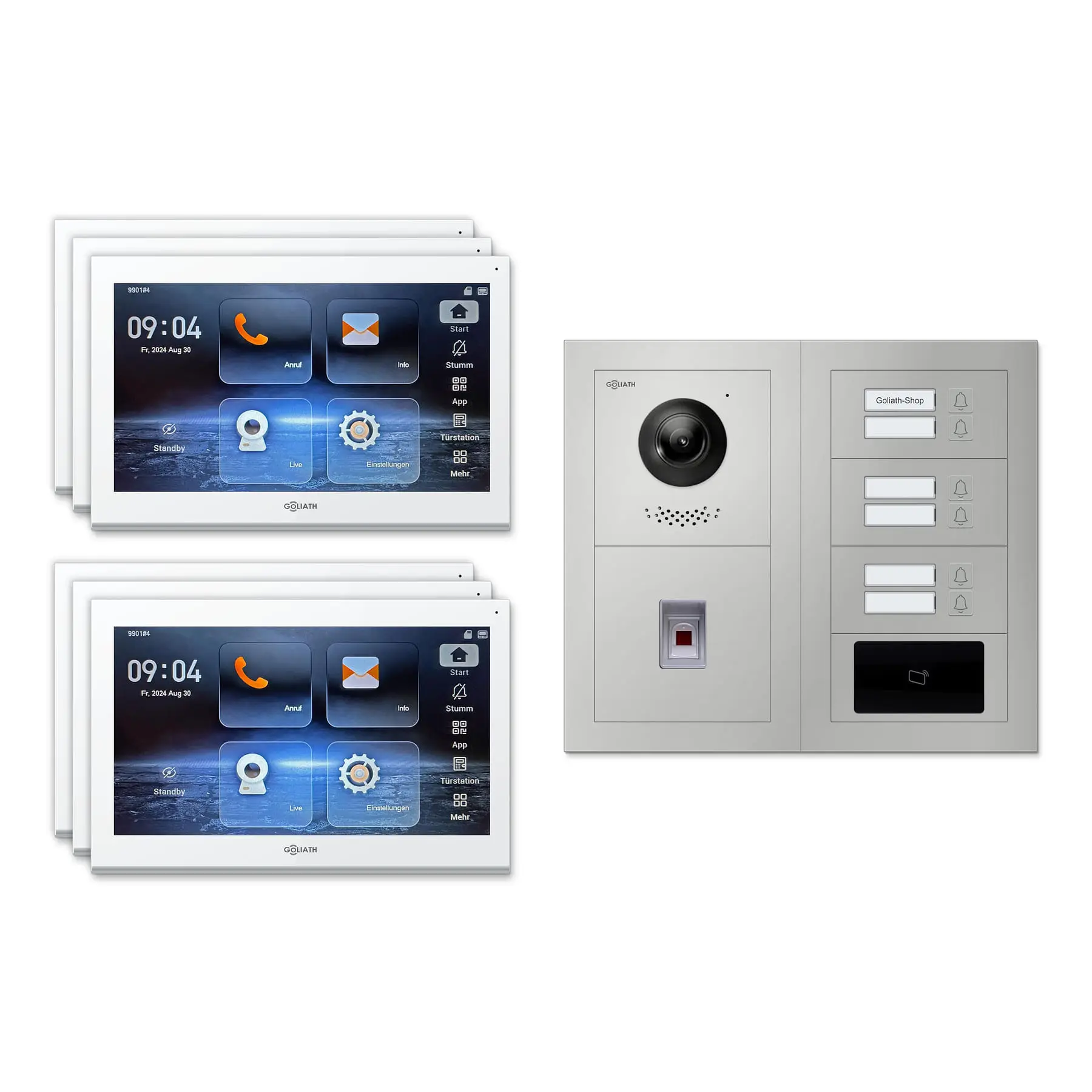 Goliath Video Türsprechanlage GL-IPH640 für 6-Familienhaus: 6 Monitore mit 10 Zoll in Weiß, Außenstation in Silber mit 6 Klingeltasten sowie RFID, Fingerprint. Set für Unterputzmontage.