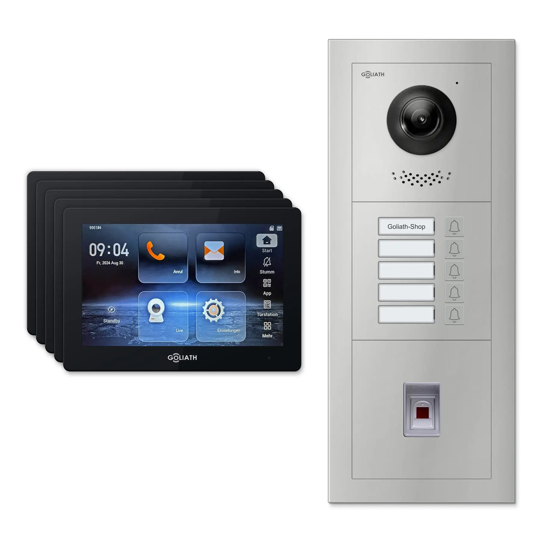 Goliath Video Türsprechanlage GL-IPH535.2 für 5-Familienhaus: 5 Monitore mit 7 Zoll in Schwarz, Außenstation in Silber mit 5 Klingeltasten sowie Fingerprint. Set für Unterputzmontage.