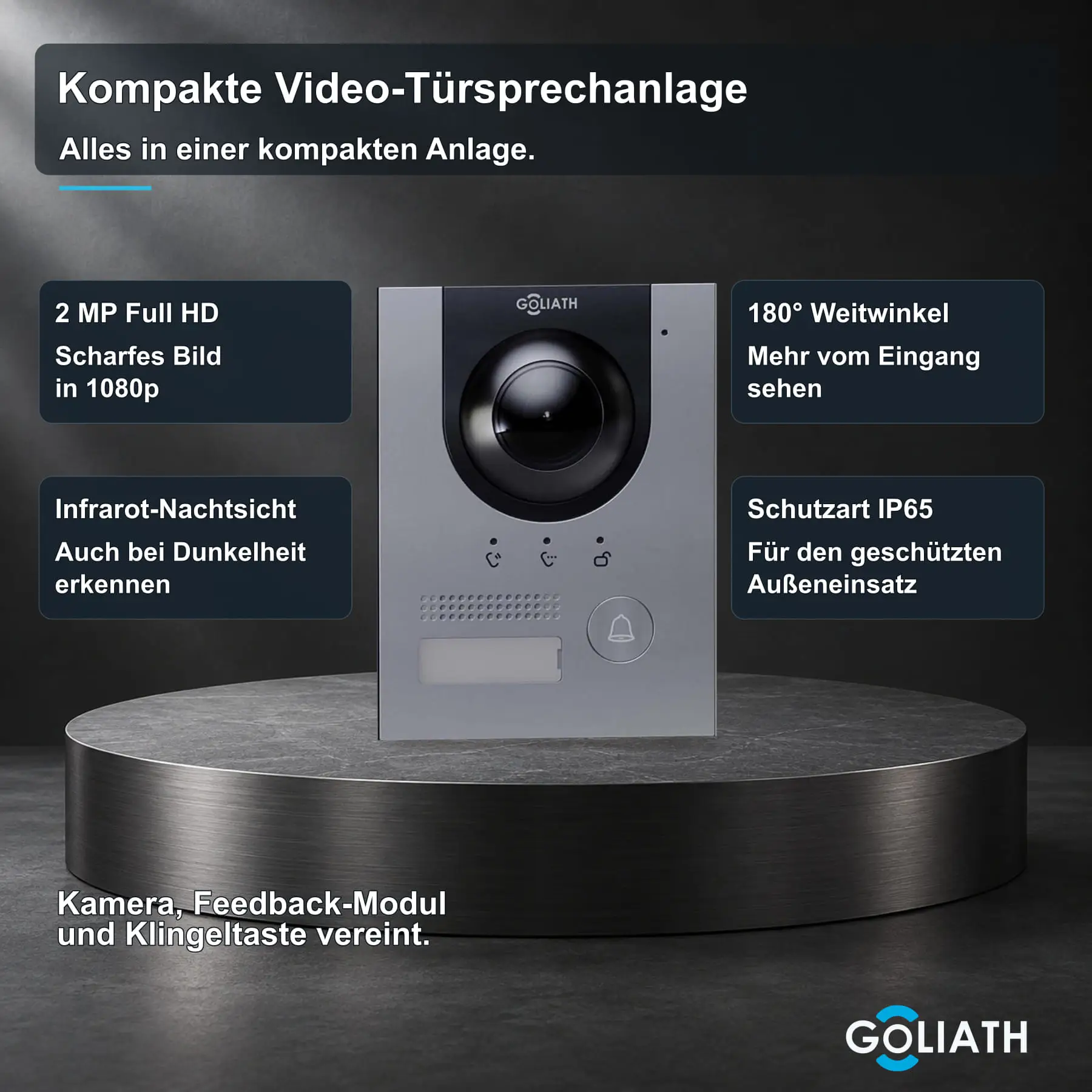 Goliath Kompakt-Line-Außenstation in Silber mit einer Klingeltaste, 2-MP-Kamera, 180°-Weitwinkel, Infrarot-Nachtsicht und integrierter Feedback-Anzeige.