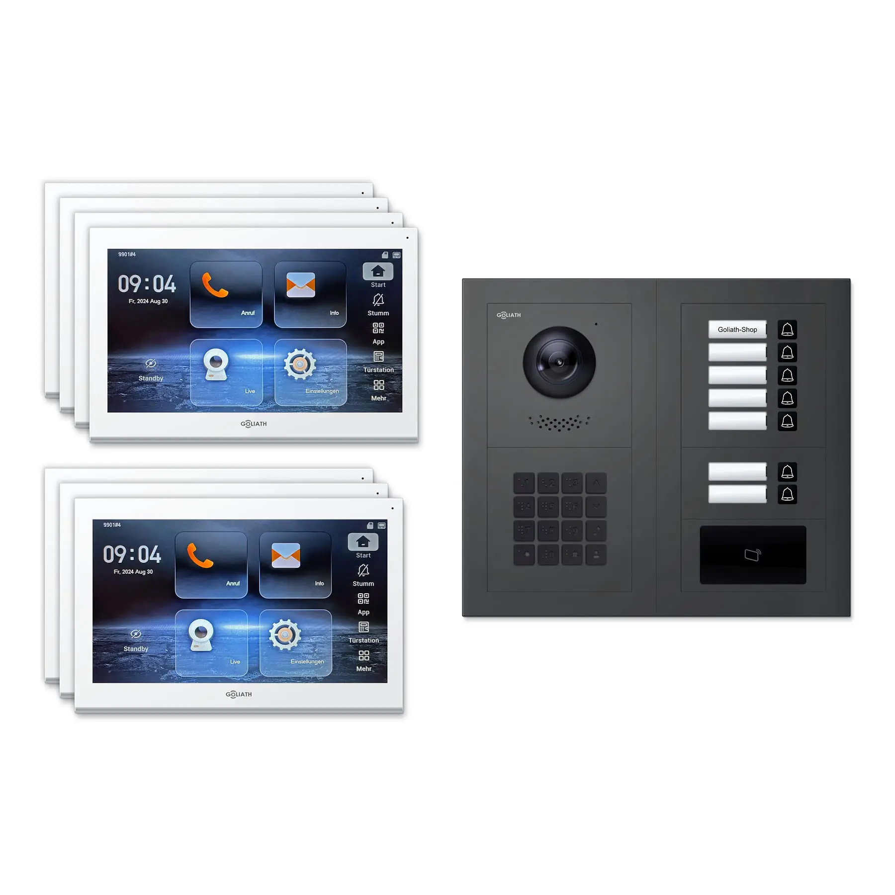 Goliath Video Türsprechanlage GL-IPH720A.1 für 7-Familienhaus: 7 Monitore mit 10 Zoll in Weiß, Außenstation in Anthrazit mit 7 Klingeltasten sowie RFID, Zahlencode. Set für Aufputzmontage.