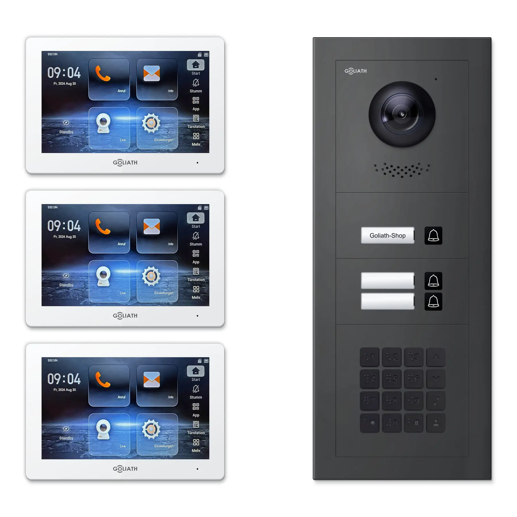 Goliath Türsprechanlage mit Kamera GL-HB320A für 3-Familienhaus: 3 Monitore mit 7 Zoll in Weiß, Außenstation in Anthrazit mit 3 Klingeltasten sowie Zahlencode. Set für Unterputzmontage.