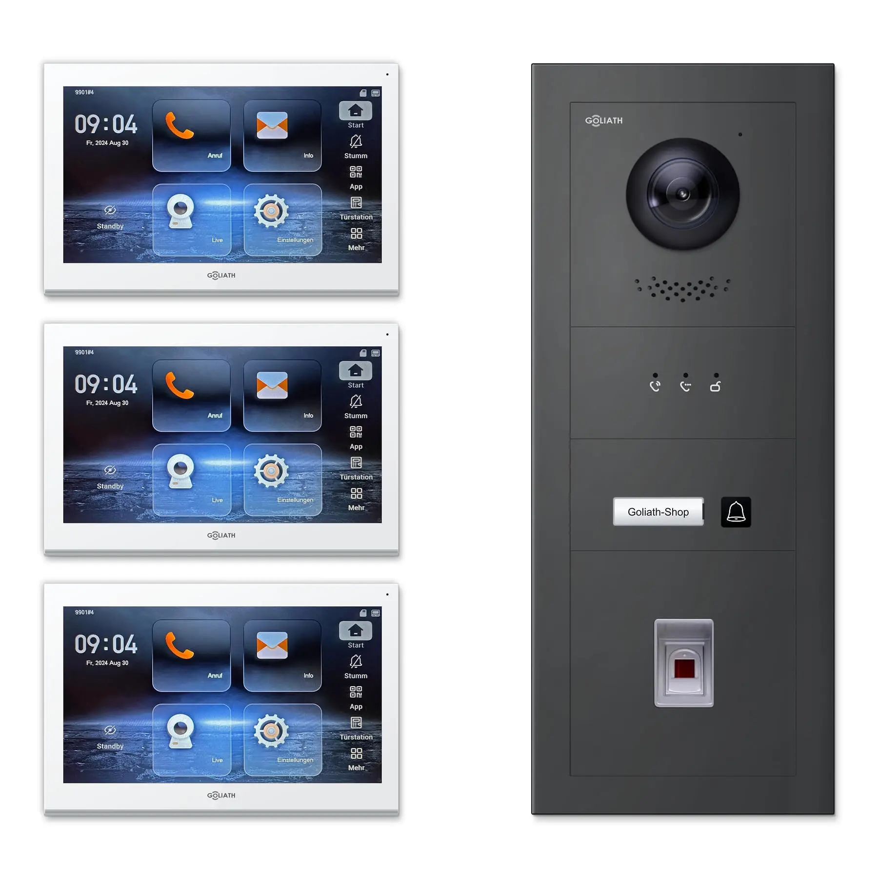 Goliath Video Türsprechanlage GL-IPH132A für 1-Familienhaus: 3 Monitore mit 10 Zoll in Weiß, Außenstation in Anthrazit mit 1 Klingeltaste sowie Statusanzeige, Fingerprint. Set für Unterputzmontage.