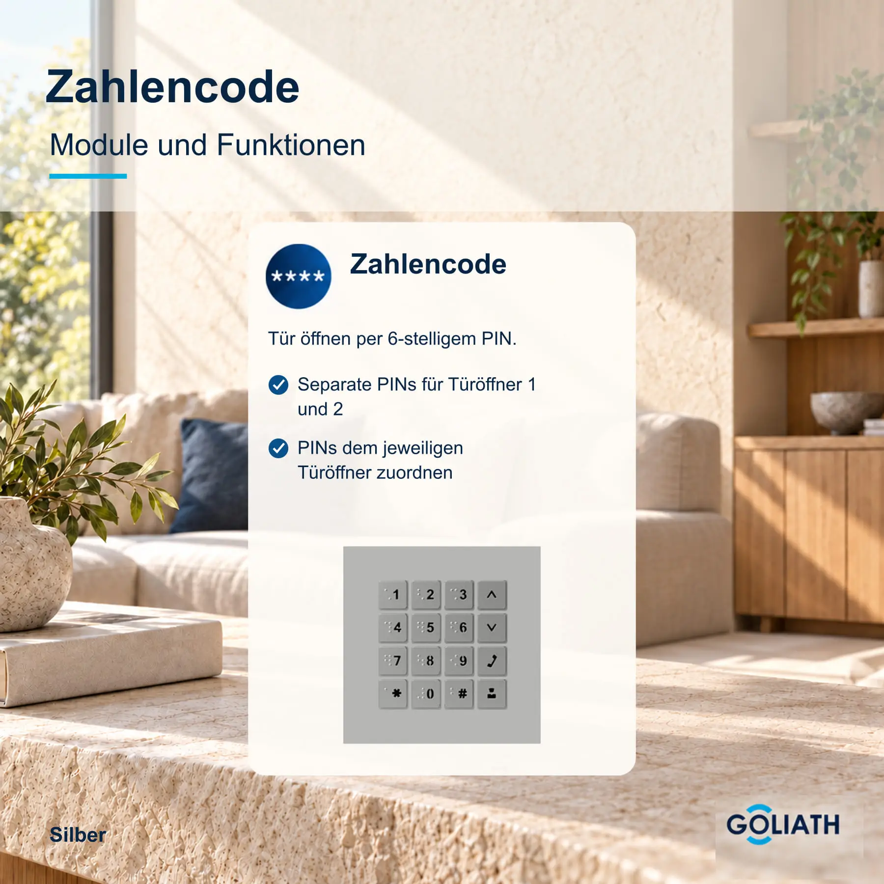 Zahlencode-Tastatur für die Goliath Türsprechanlage in Silber: Türöffnung per PIN.