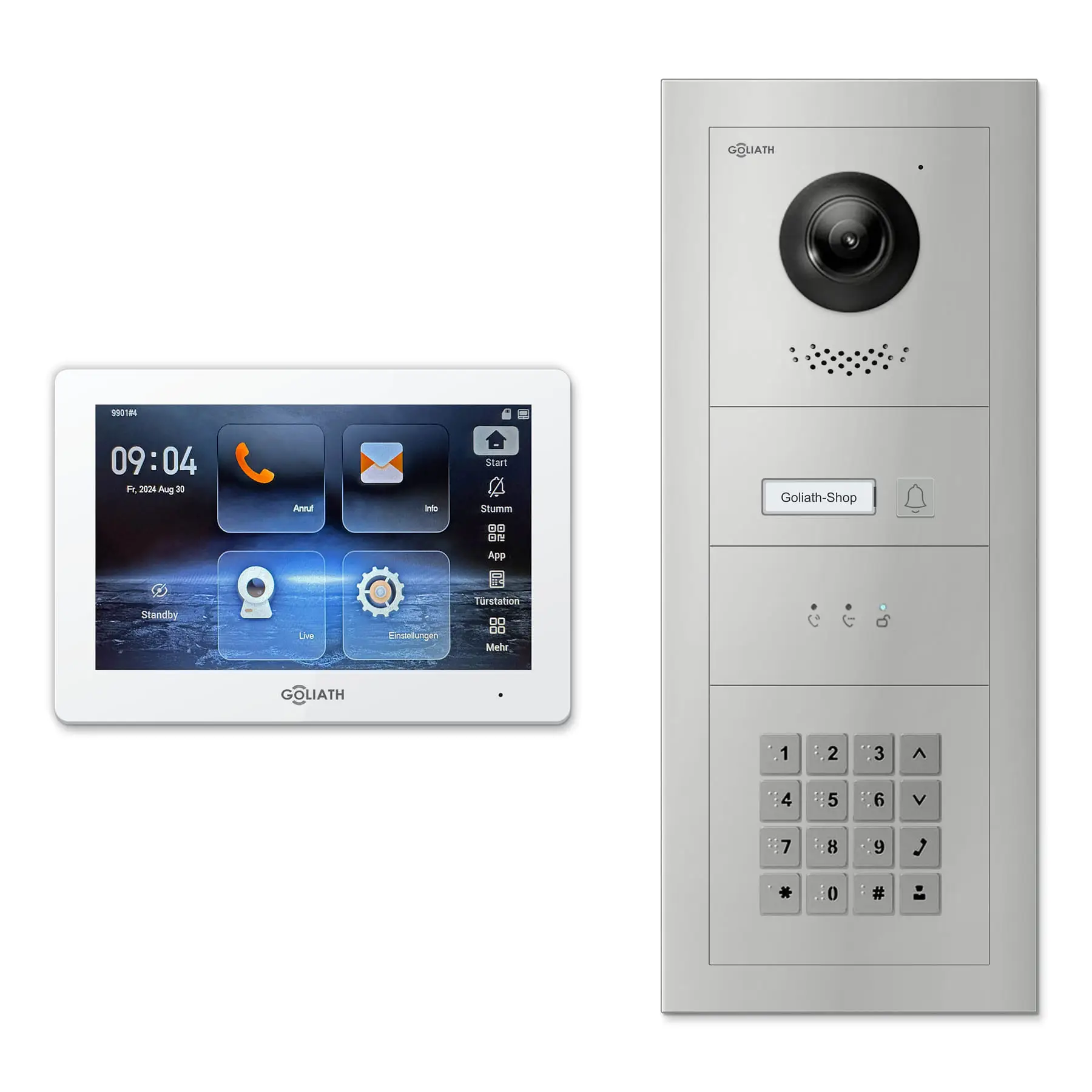 Goliath Türsprechanlage mit Kamera GL-HB120 für 1-Familienhaus: 1 Monitor mit 7 Zoll in Weiß, Außenstation in Silber mit 1 Klingeltaste sowie Statusanzeige, Zahlencode. Set für Unterputzmontage.