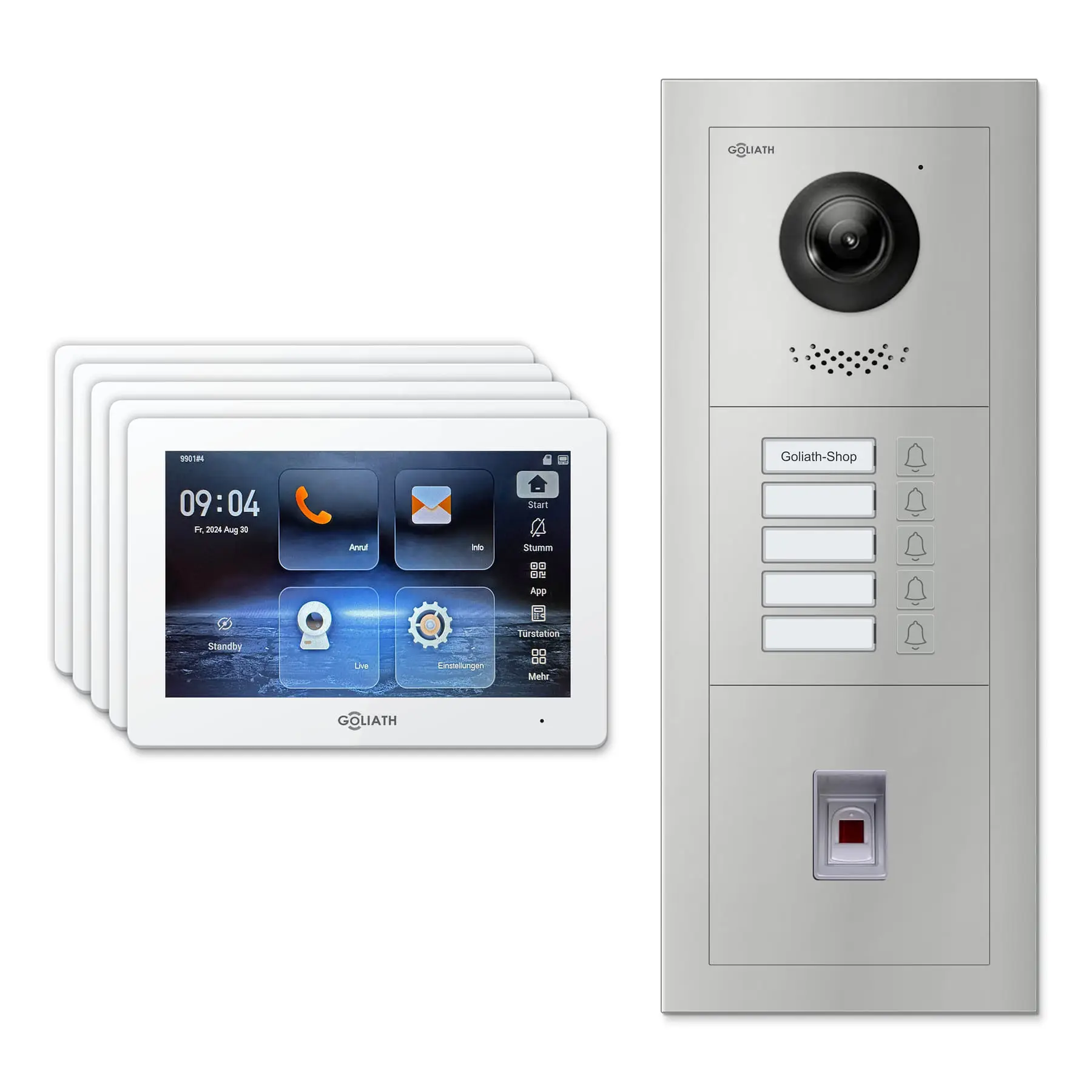 Goliath Türsprechanlage mit Kamera GL-HB530.1 für 5-Familienhaus: 5 Monitore mit 7 Zoll in Weiß, Außenstation in Silber mit 5 Klingeltasten sowie Fingerprint. Set für Aufputzmontage.