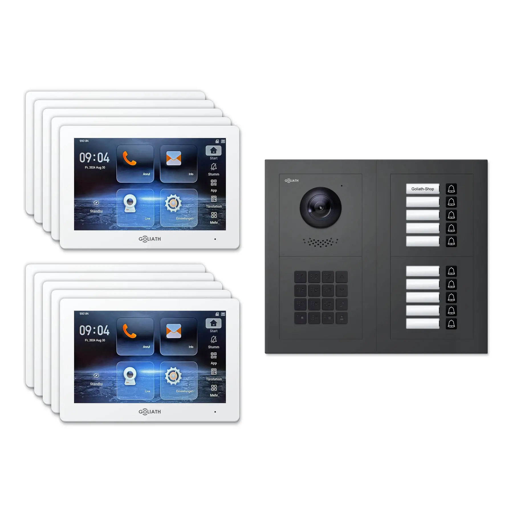 Goliath Video Türsprechanlage GL-IPH1025A für 10-Familienhaus: 10 Monitore mit 7 Zoll in Weiß, Außenstation in Anthrazit mit 10 Klingeltasten sowie Zahlencode. Set für Unterputzmontage.
