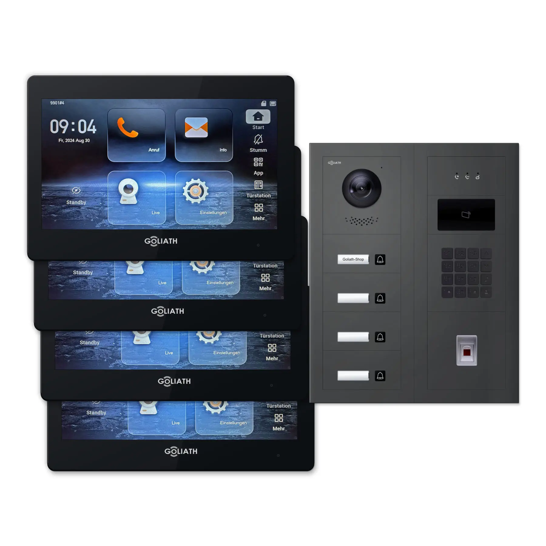 Modulare Goliath Außenstation in anthrazit mit 4 Klingeltasten, Fingerprint, Zahlencode und RFID sowie Feedback-Modul und 4 7-Zoll-Innenmonitoren in Schwarz.