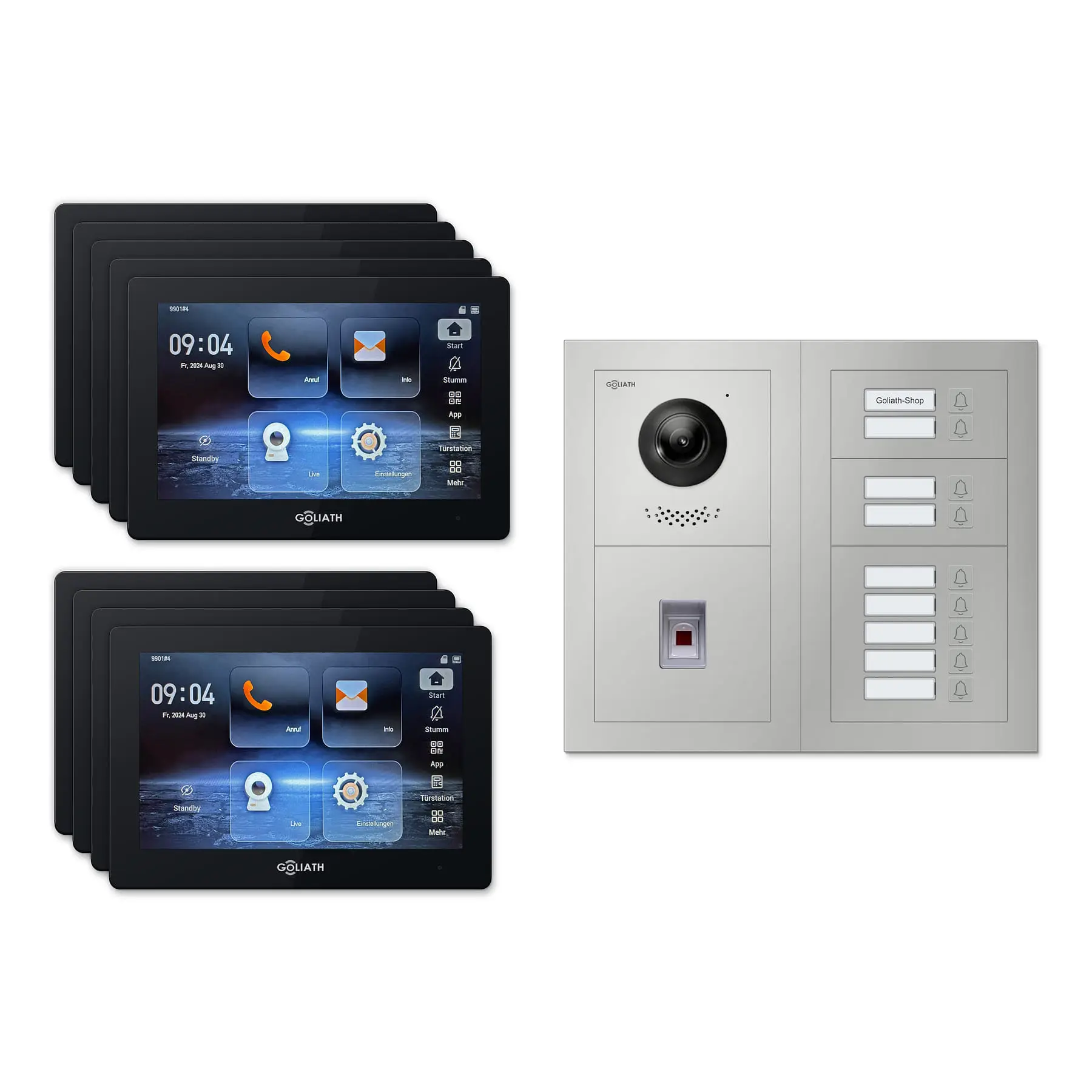 Goliath Video Türsprechanlage GL-IPH935.2 für 9-Familienhaus: 9 Monitore mit 7 Zoll in Schwarz, Außenstation in Silber mit 9 Klingeltasten sowie Fingerprint. Set für Unterputzmontage.