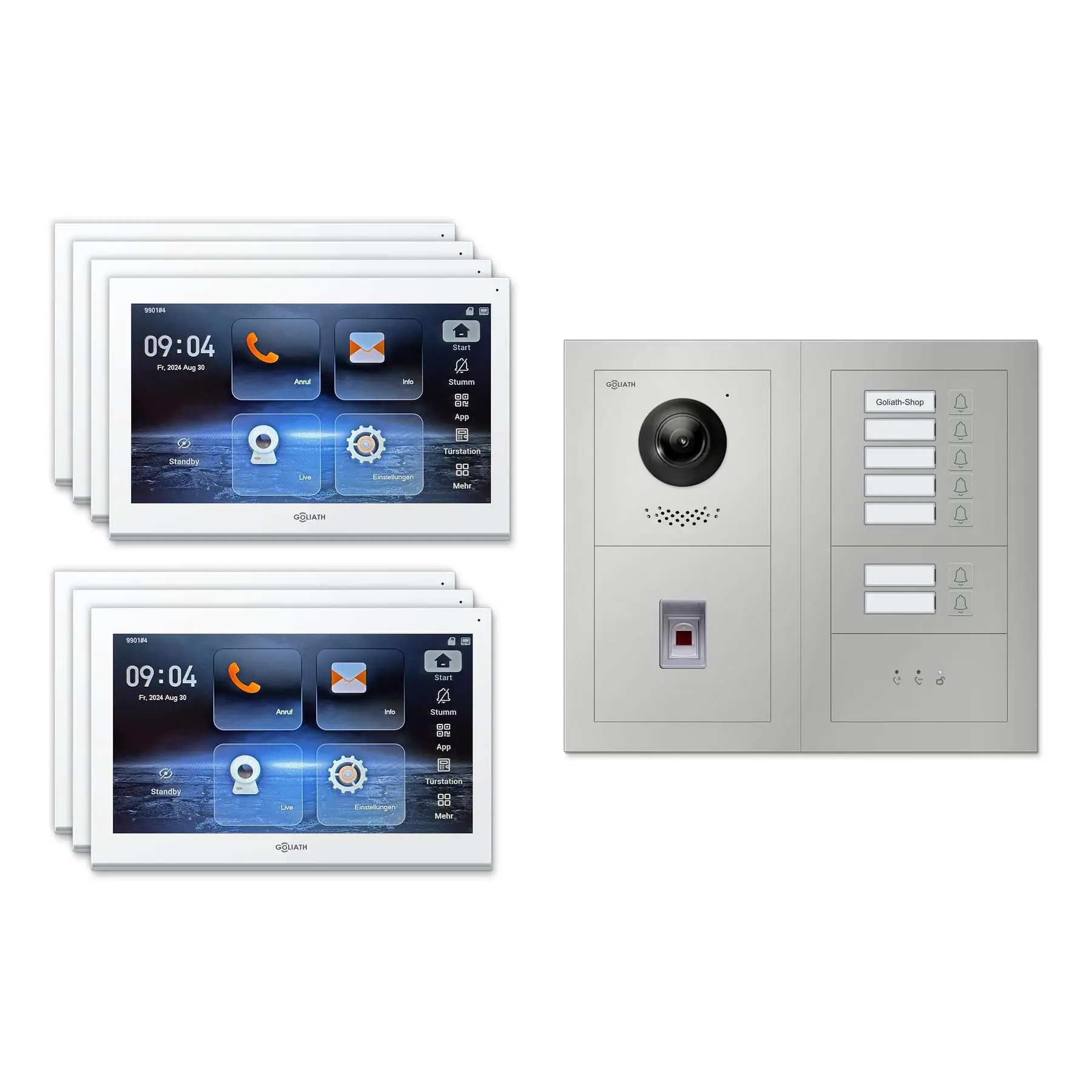 Goliath Video Türsprechanlage GL-IPH750 für 7-Familienhaus: 7 Monitore mit 10 Zoll in Weiß, Außenstation in Silber mit 7 Klingeltasten sowie Statusanzeige, Fingerprint. Set für Unterputzmontage.